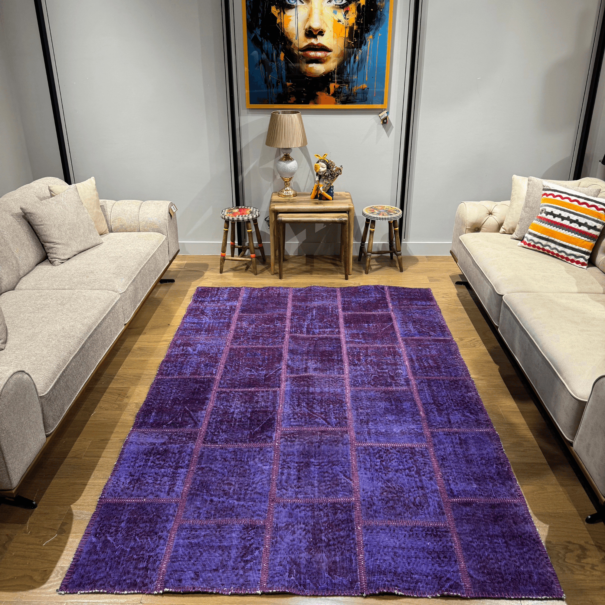 Ferozzi Royal Violet Patchwork Rug – Handmade Vintage Wool Area Rug – 6x9 Deep Purple Distressed Carpet