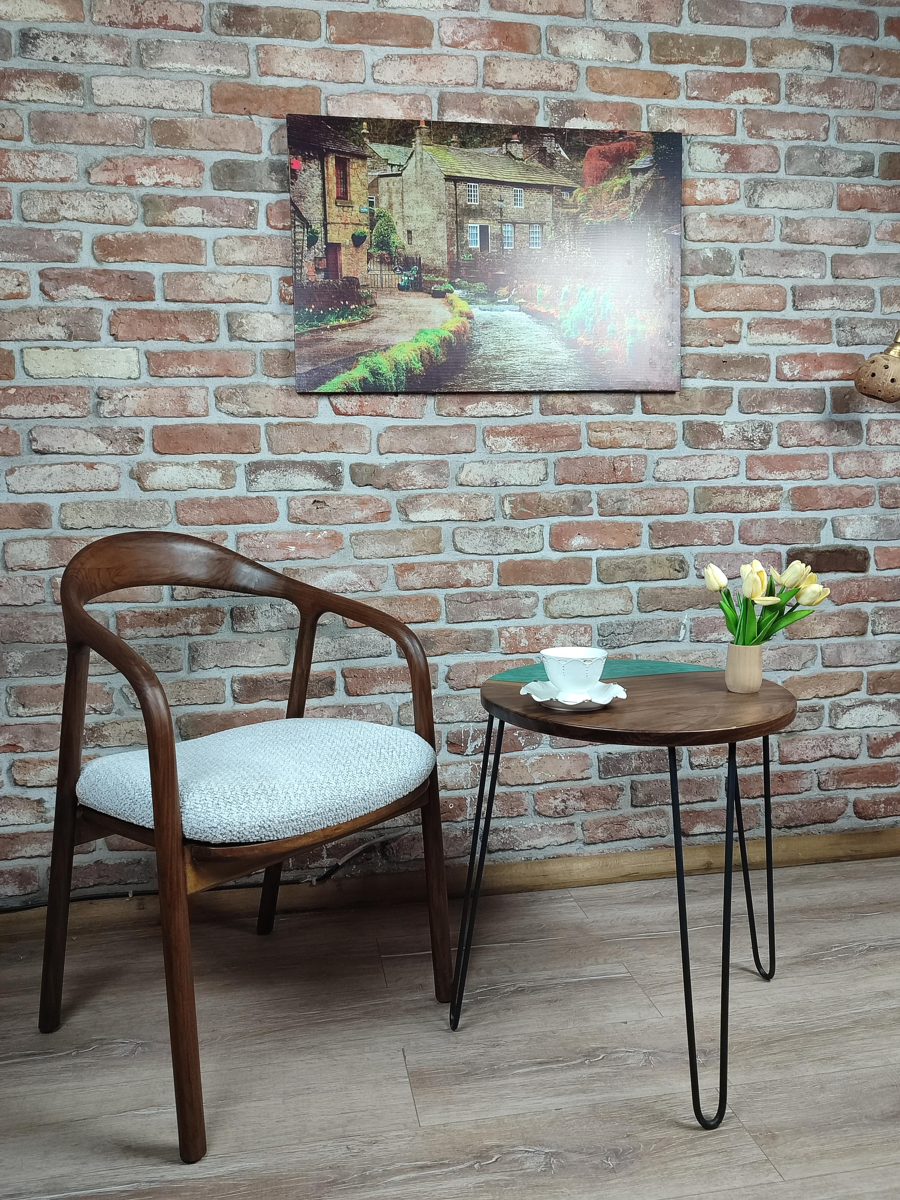 Walnut Accent Table with Black Metal Legs and Dark Green Epoxy Decorations