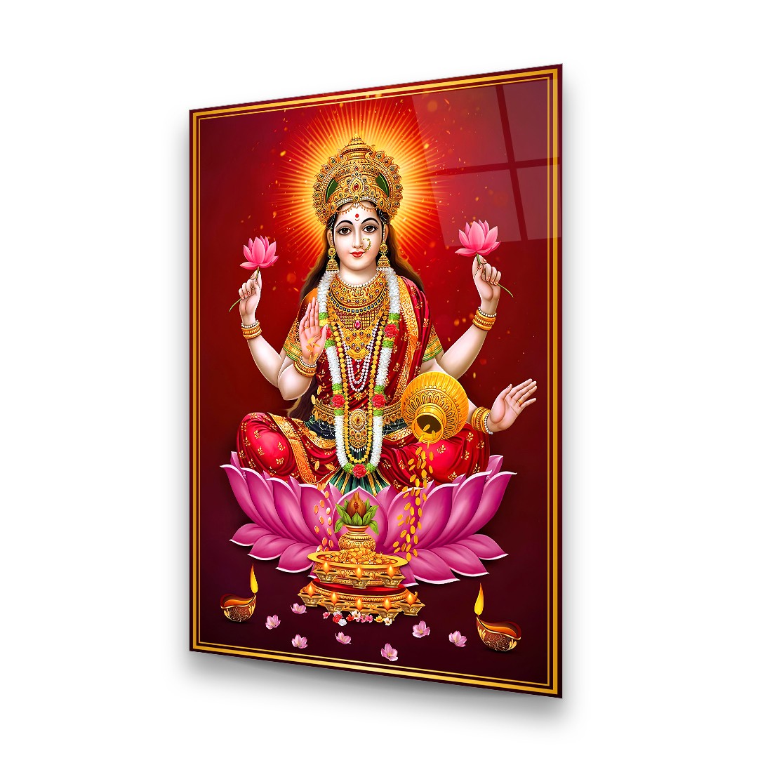 Goddess Lakshmi on Lotus - Premium Tempered Glass Wall Art Rectangle