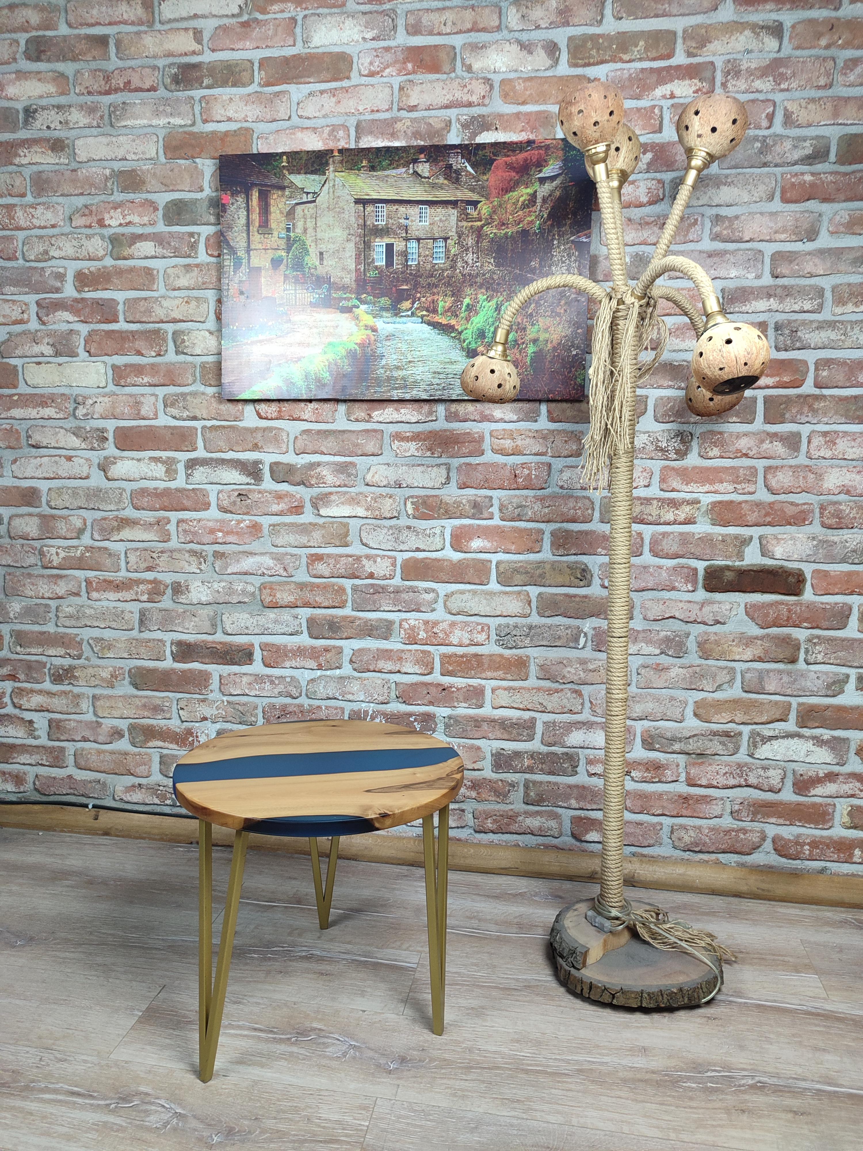 Walnut Accent Table with Gold Iron Legs and Blue epoxy decorations.