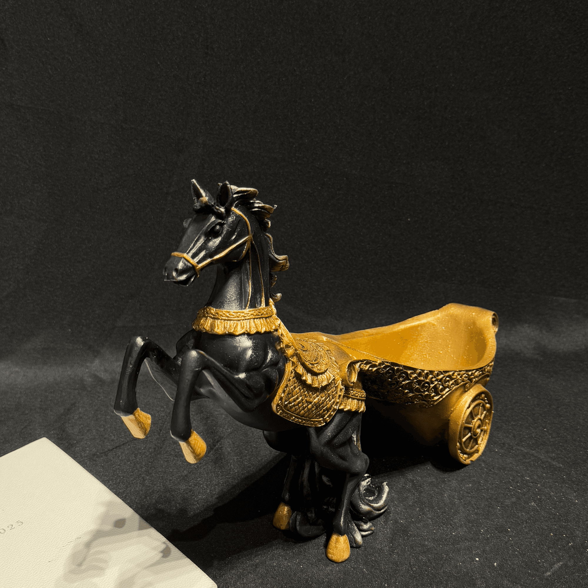 Black Horse Wine Holder with Gold Chariot – Decorative Sculpture