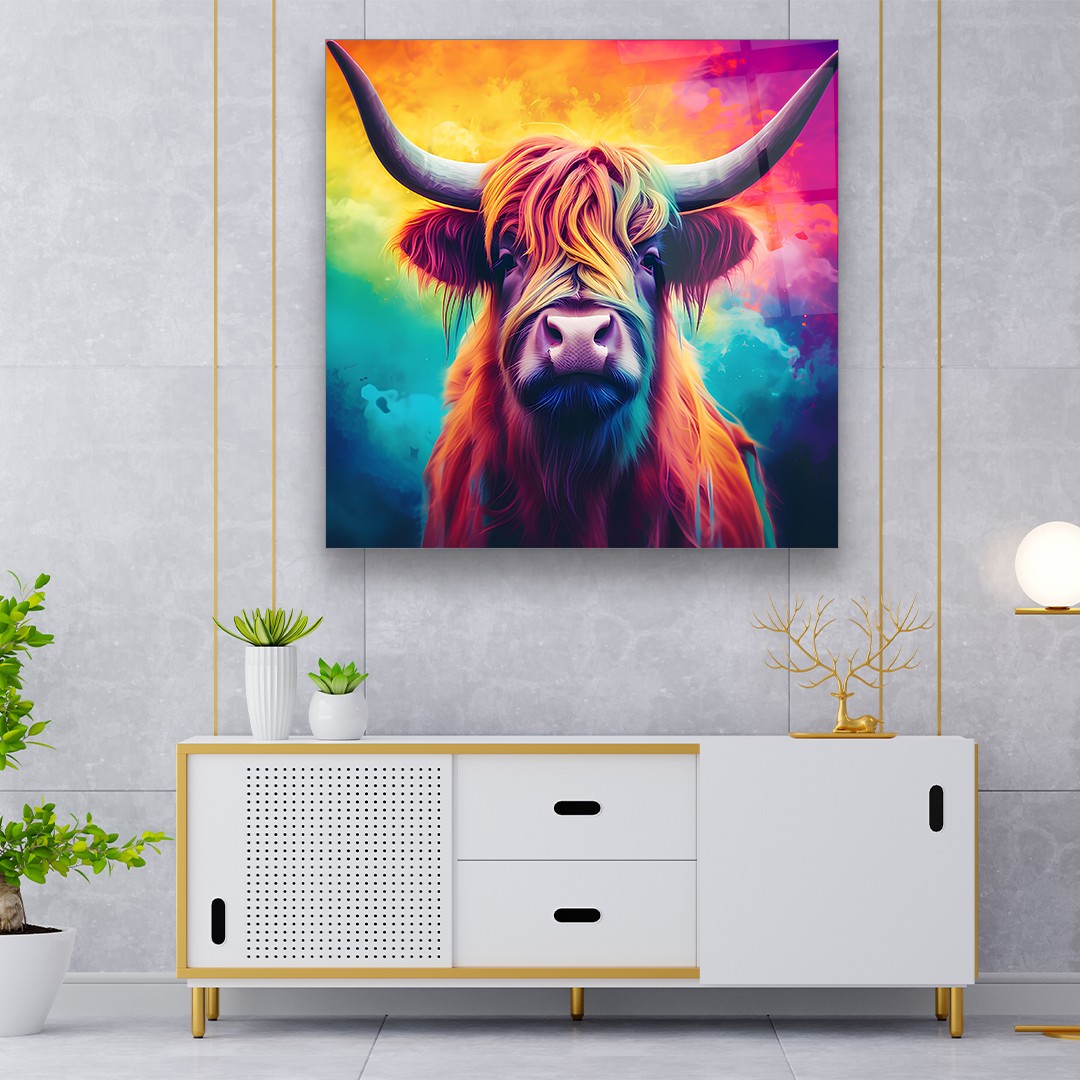 Colorful Bull - Square Wall Glass Art