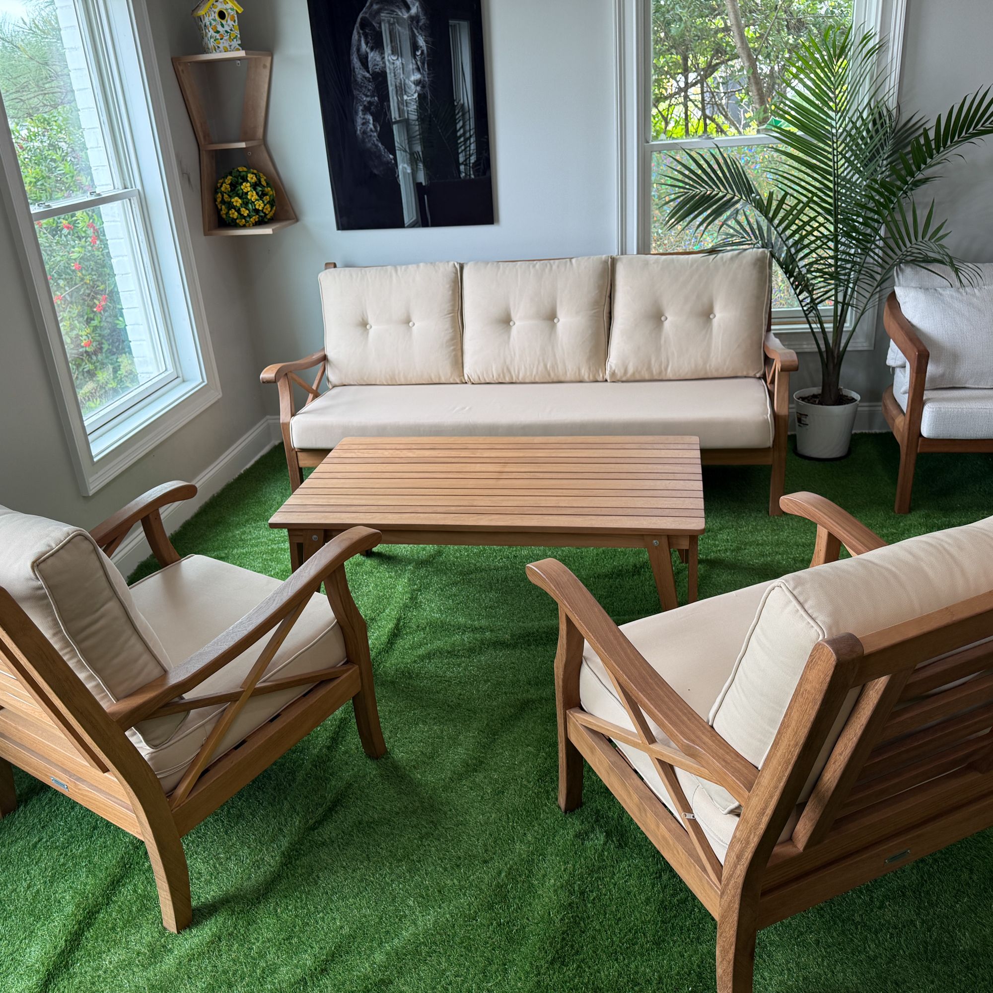 Ferozzi Amalfi Teak Outdoor Lounge Set – 3-Seater Sofa + 2 Armchairs + Coffee Table | All- Waterproof Cushions