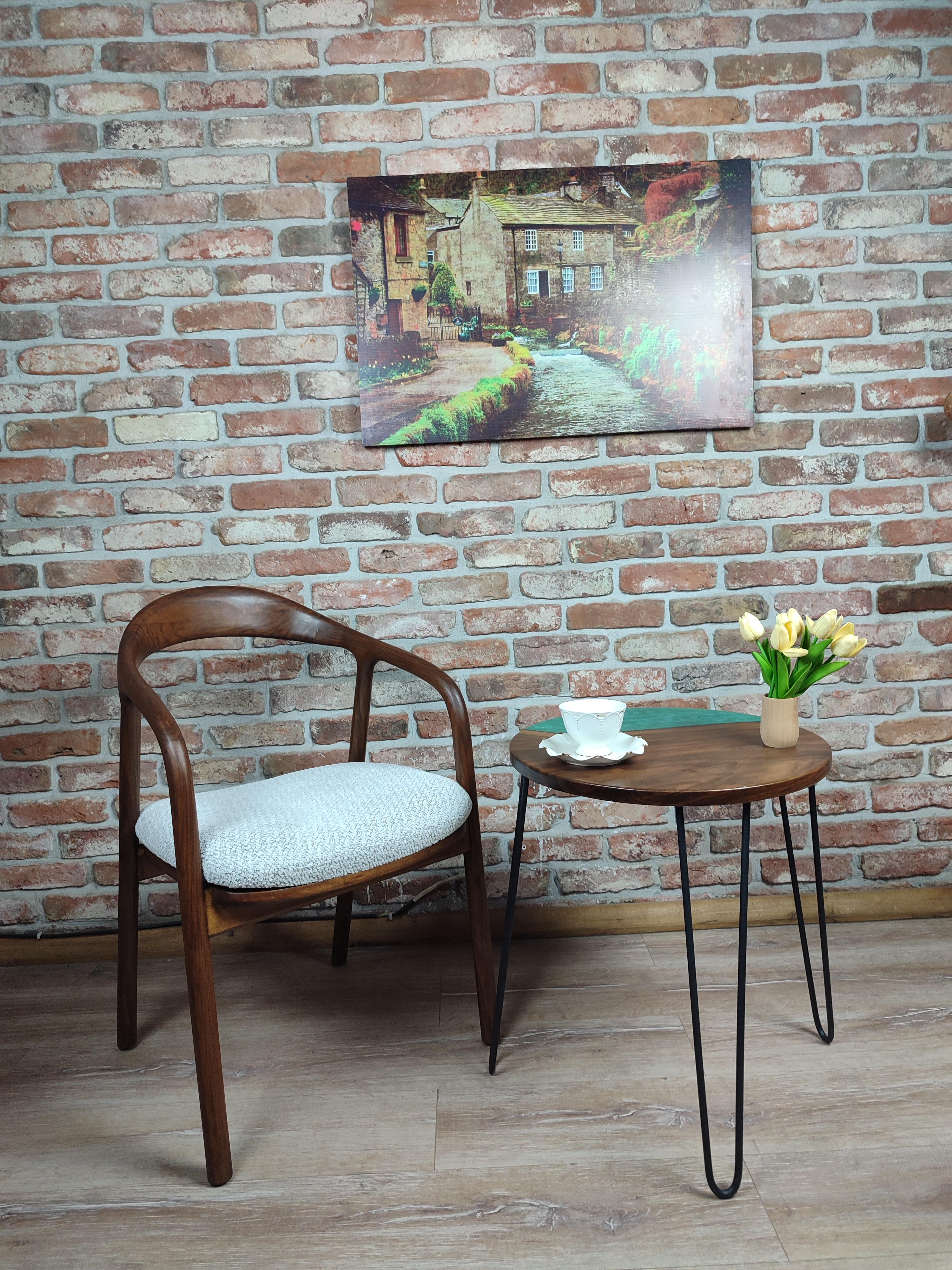 Walnut Accent Table with Black Metal Legs and Dark Green Epoxy Decorations