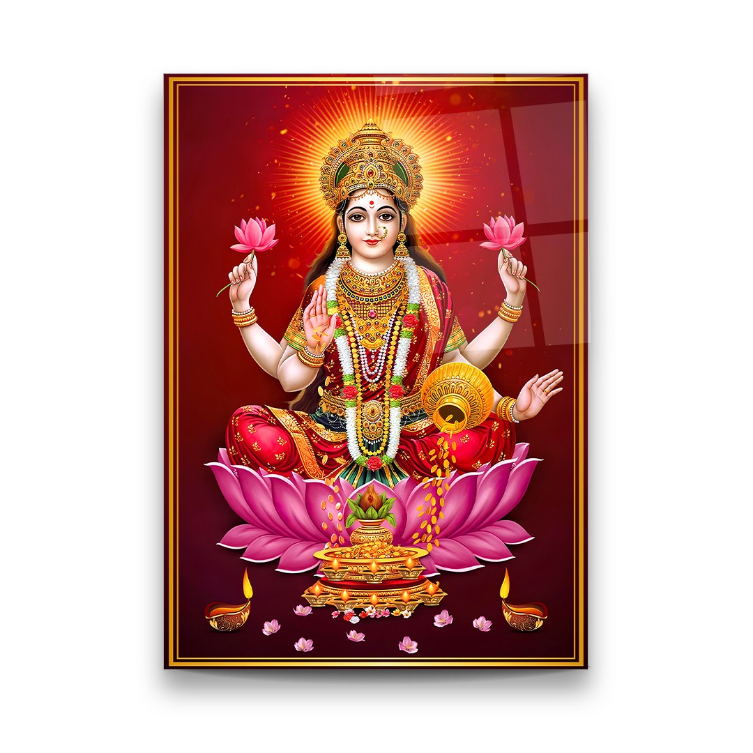 Goddess Lakshmi on Lotus - Premium Tempered Glass Wall Art Rectangle