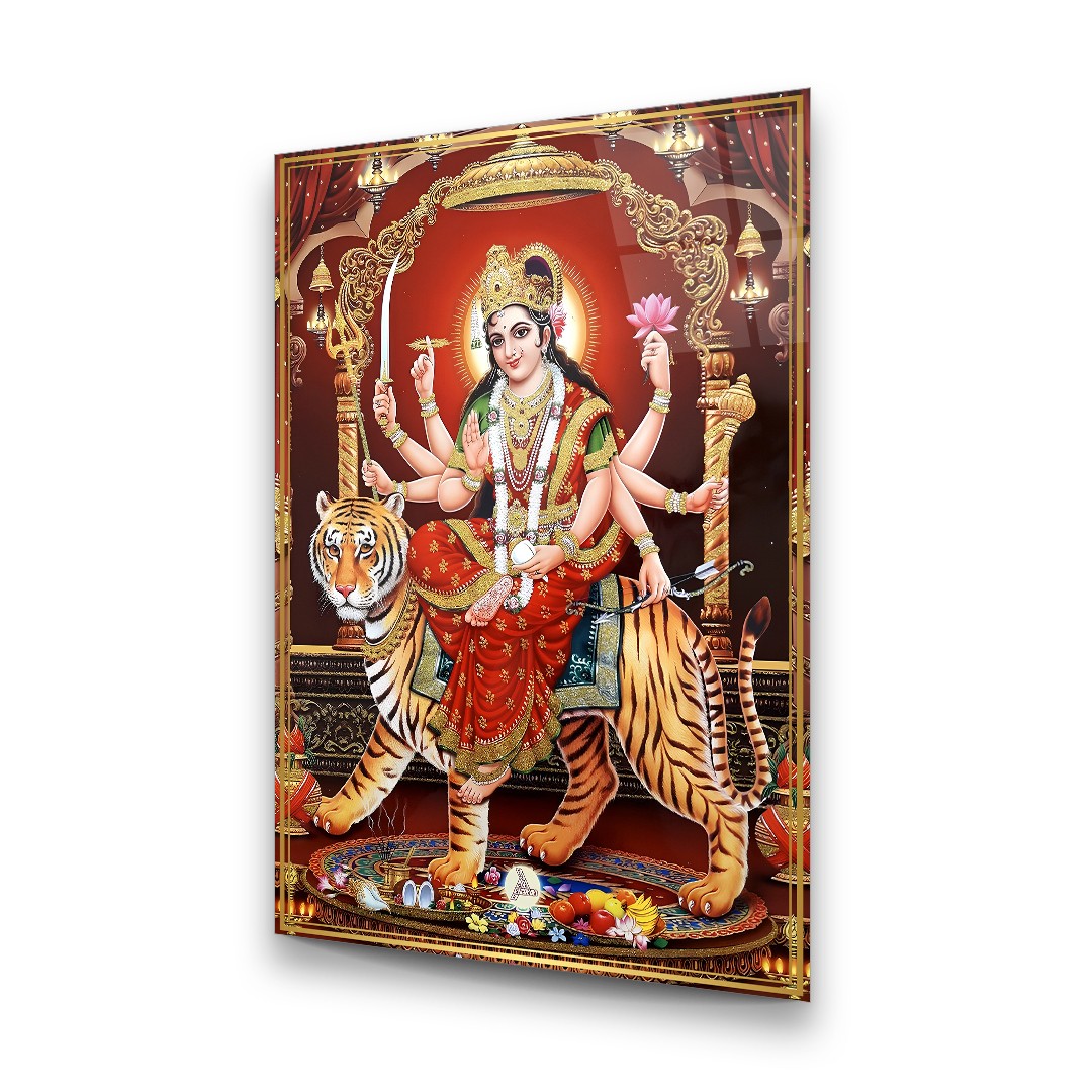 Goddess Durga on Tiger - Premium Tempered Glass Wall Art Rectangle