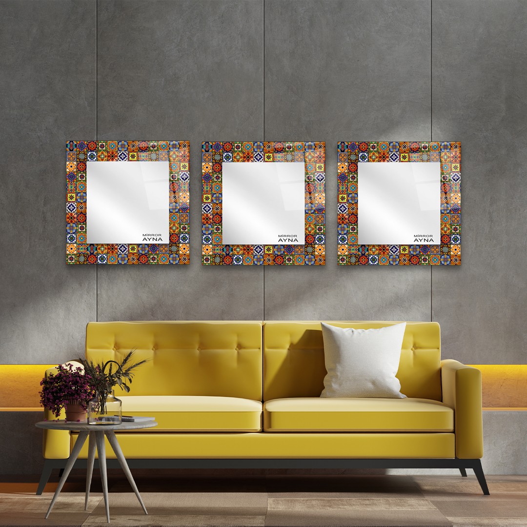 Tile Patterned Glass Mirror Three Piece Set Ayvalik - Square