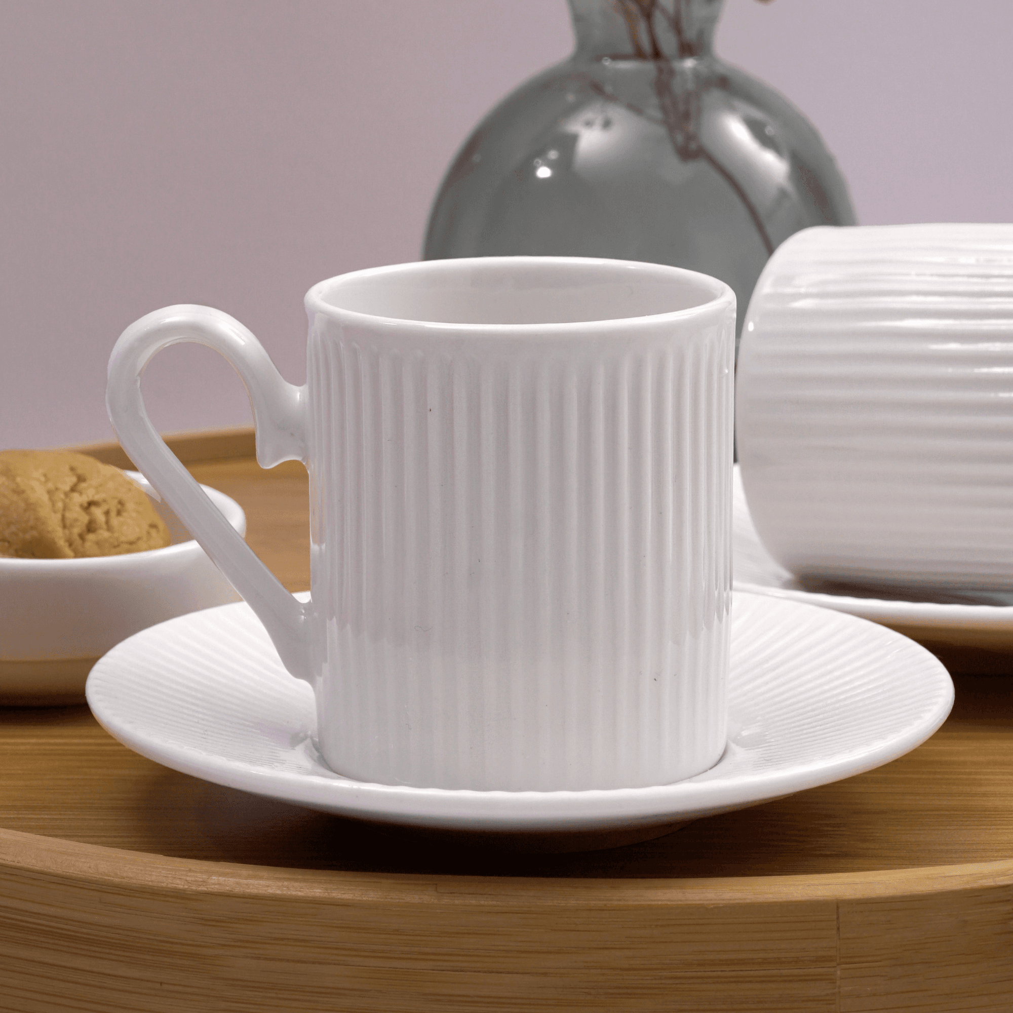 Elif Plain Ribbed White Porcelain Coffee Cup Set 12 pcs  – Modern and Elegant Design for Sophisticated Coffee Lovers