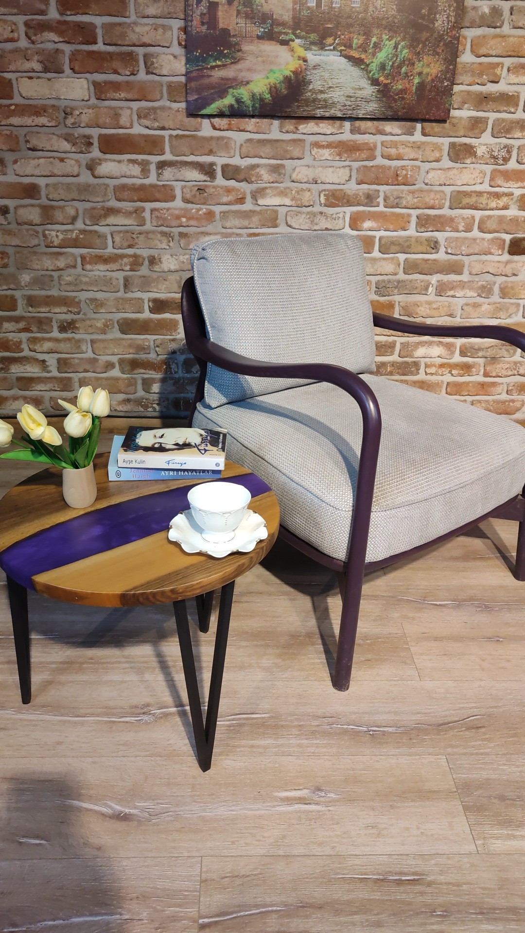 Walnut Accent Table with black metal legs and purple epoxy decorations.