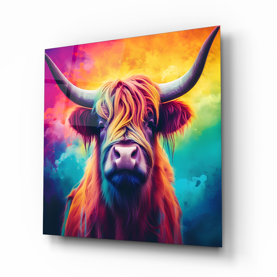 Colorful Bull - Square Wall Glass Art