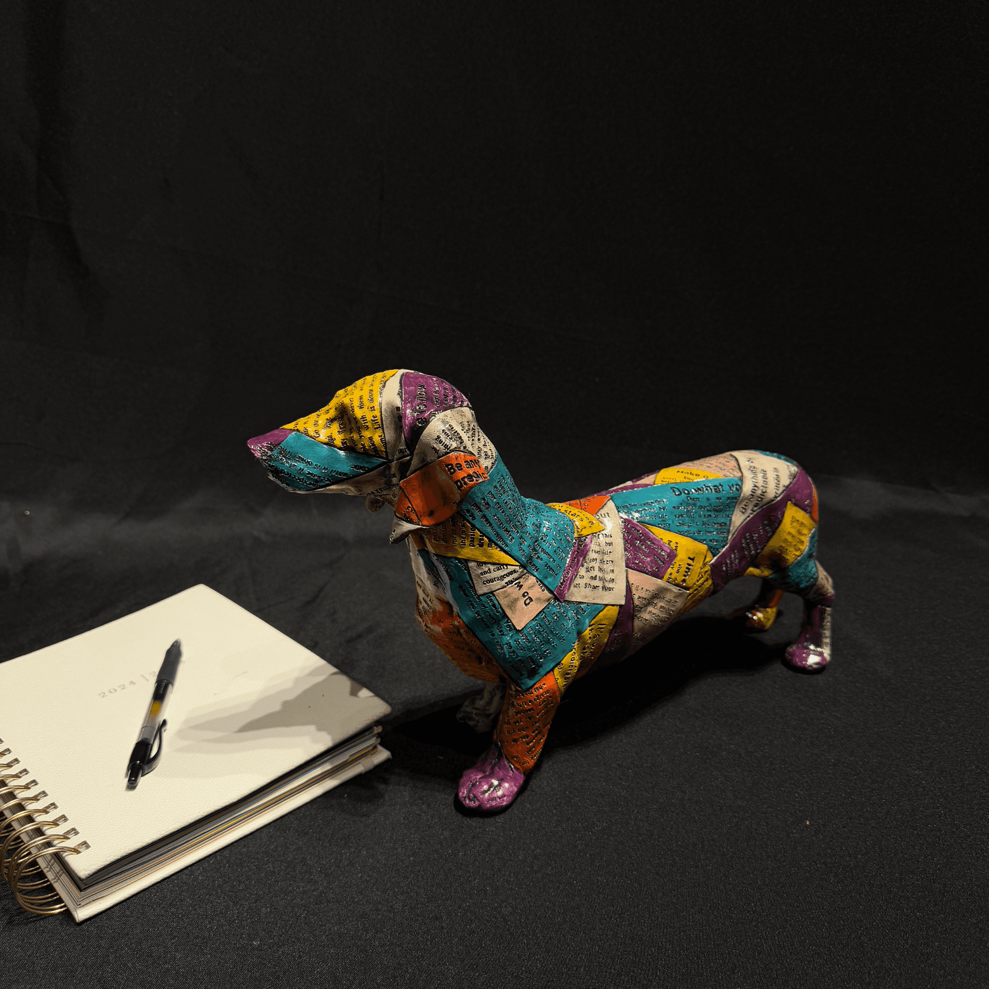 Handmade Colorful Dog Sculpture with Text Print Design