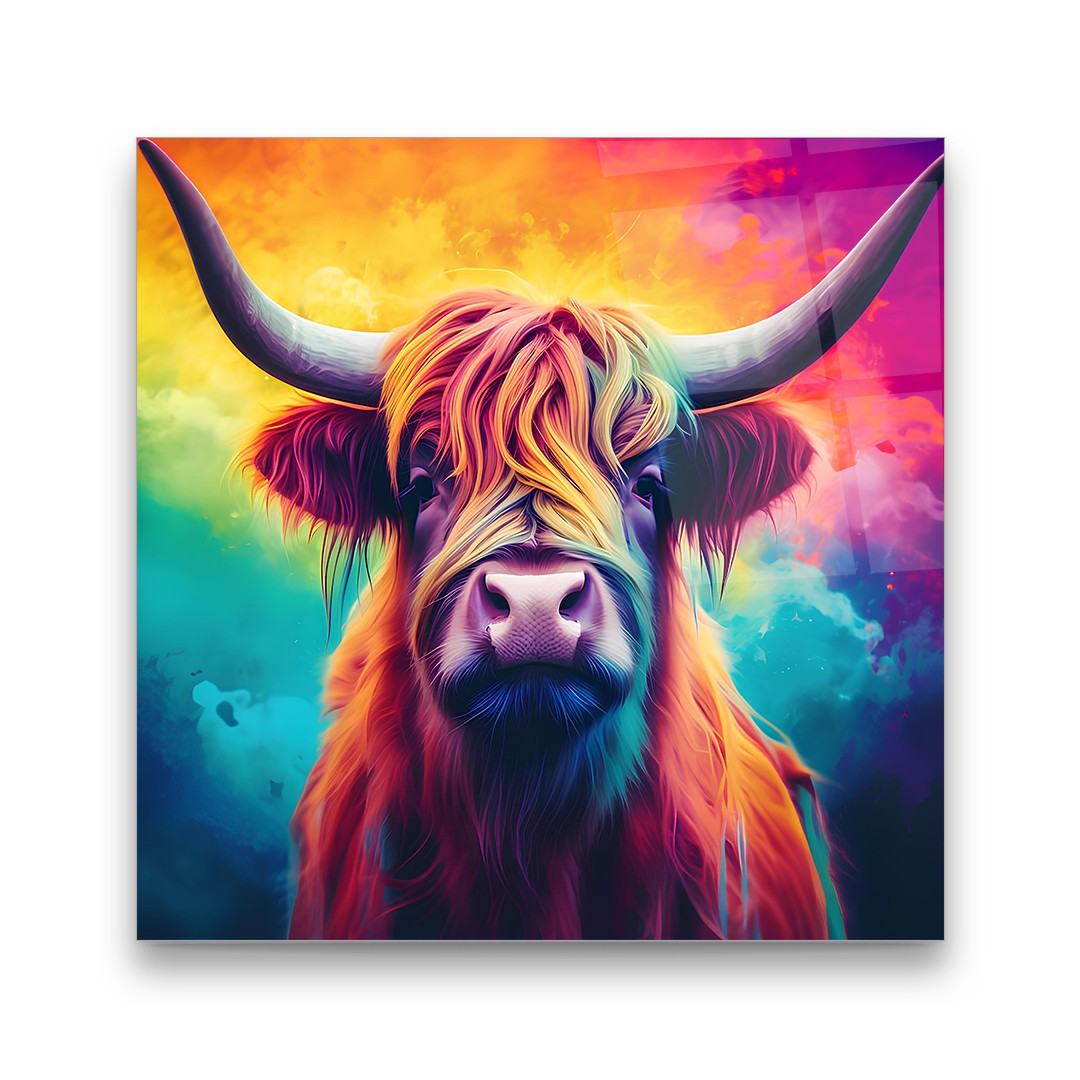 Colorful Bull - Square Wall Glass Art