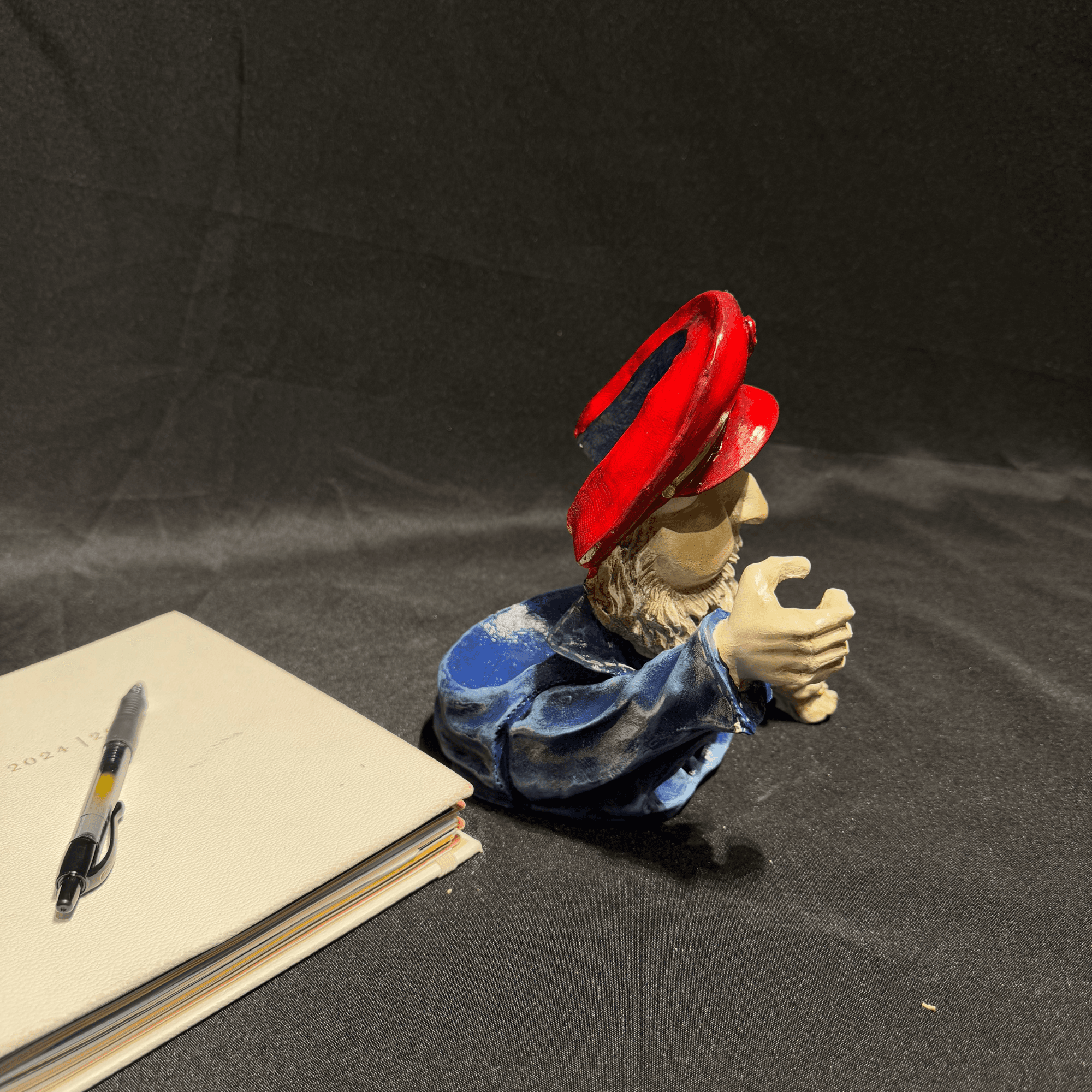 Captain Figurine – Wine Bottle and Wine Glass Holder Sculpture with Red Hat (Handmade)