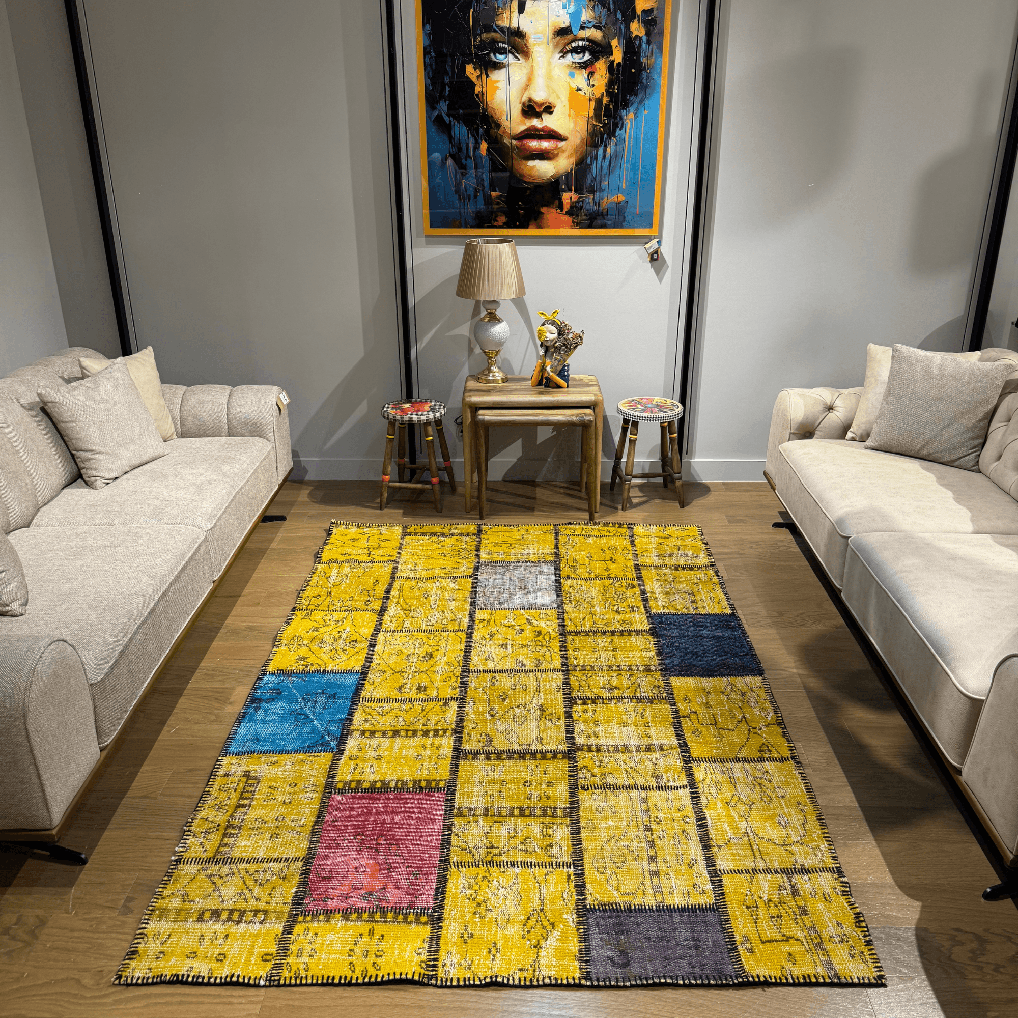 Ferozzi Golden Mosaic Patchwork Rug – Handmade Overdyed Wool Carpet – 6x9 Yellow & Multicolor Vintage Turkish Rug