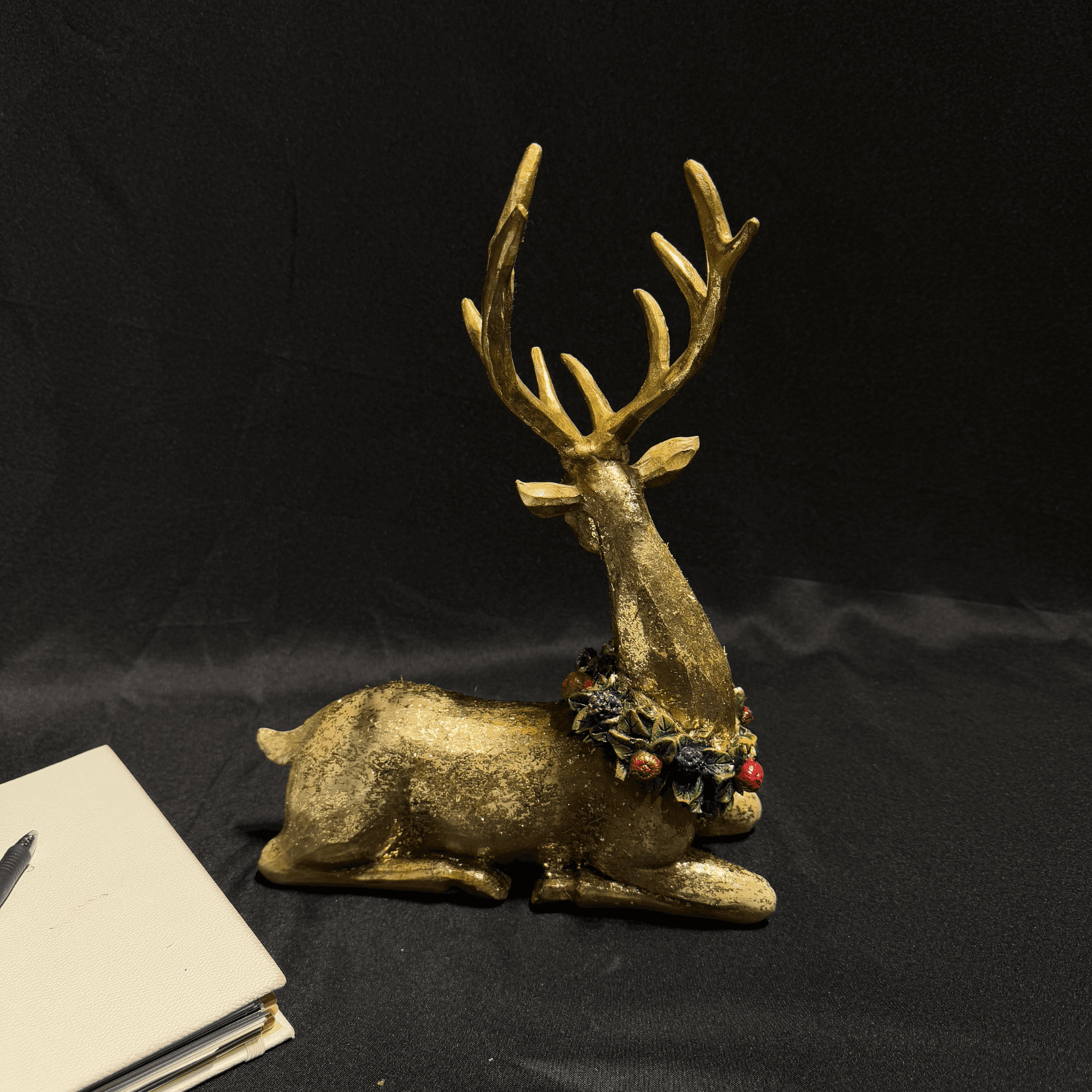 Elegant Golden Deer Figurine with Festive Wreath Handmade