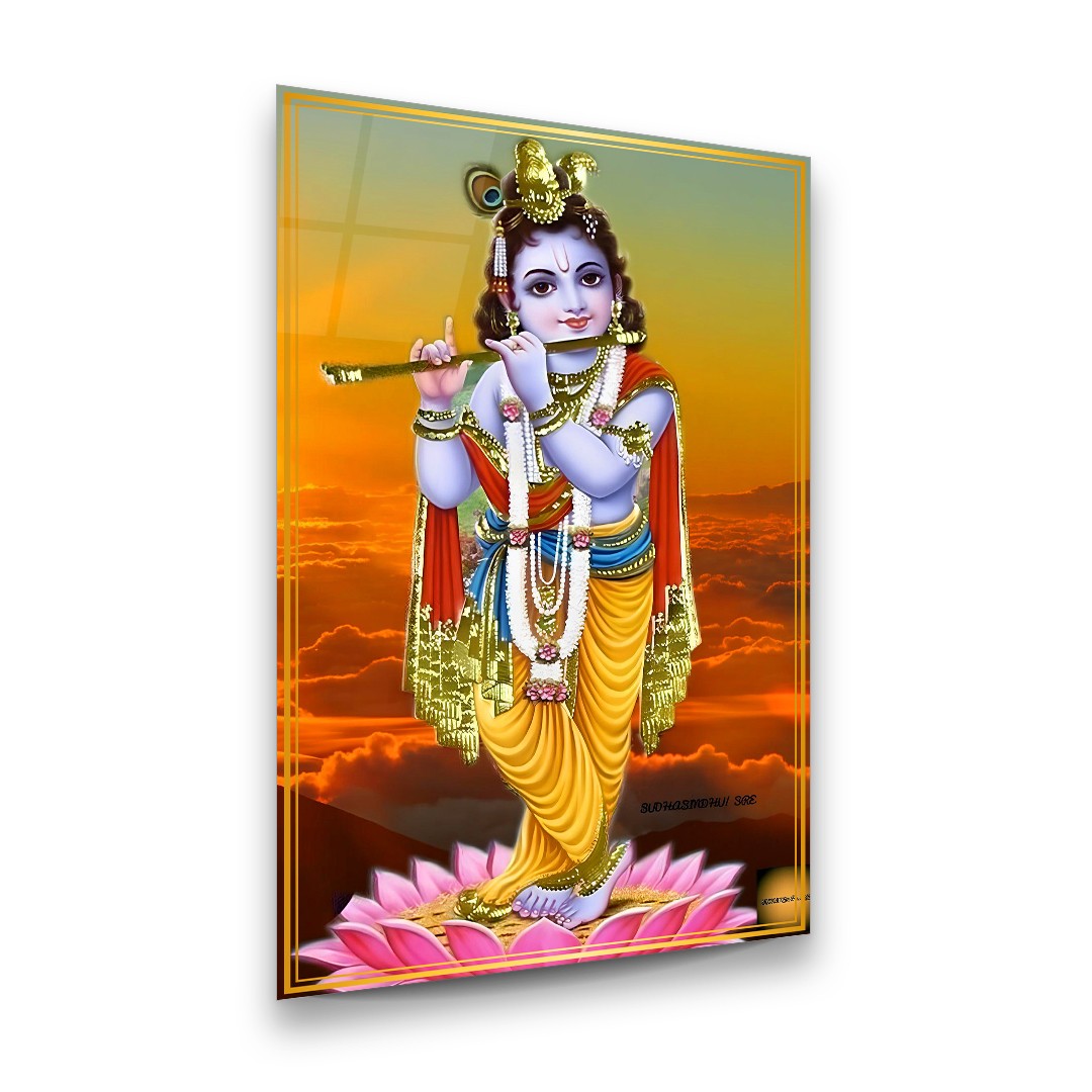 Baby Krishna on Lotus - Premium Tempered Glass Wall Art Rectangle