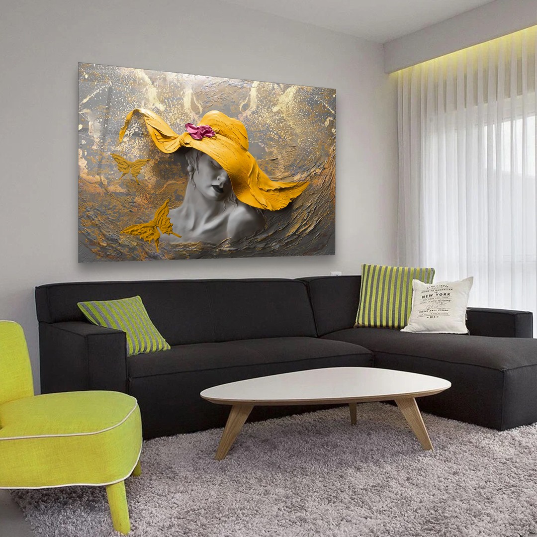 Woman in Yellow Hat - Horizontal Wall Glass Art