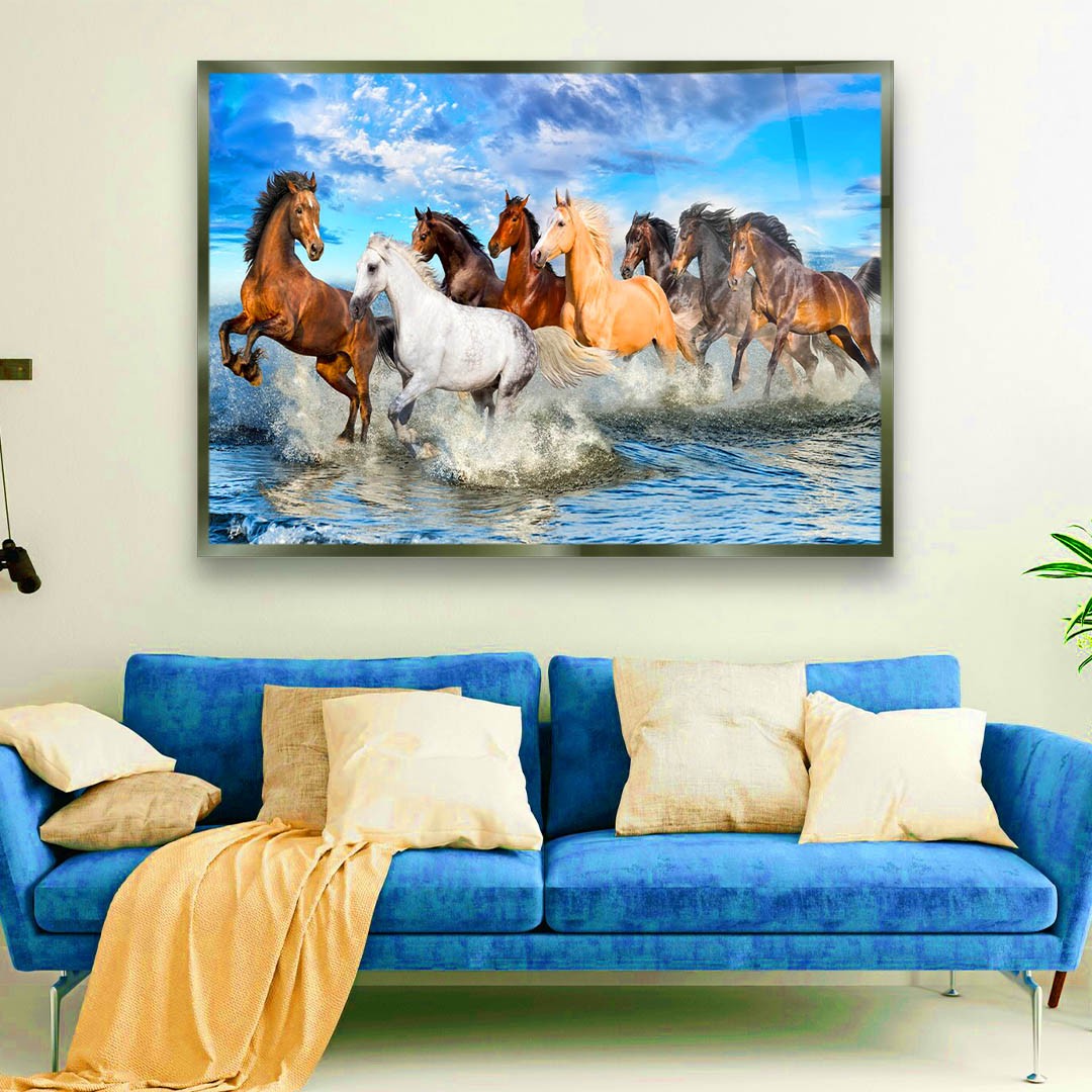 Water Horses - Premium Tempered Glass Wall Art Horizontal