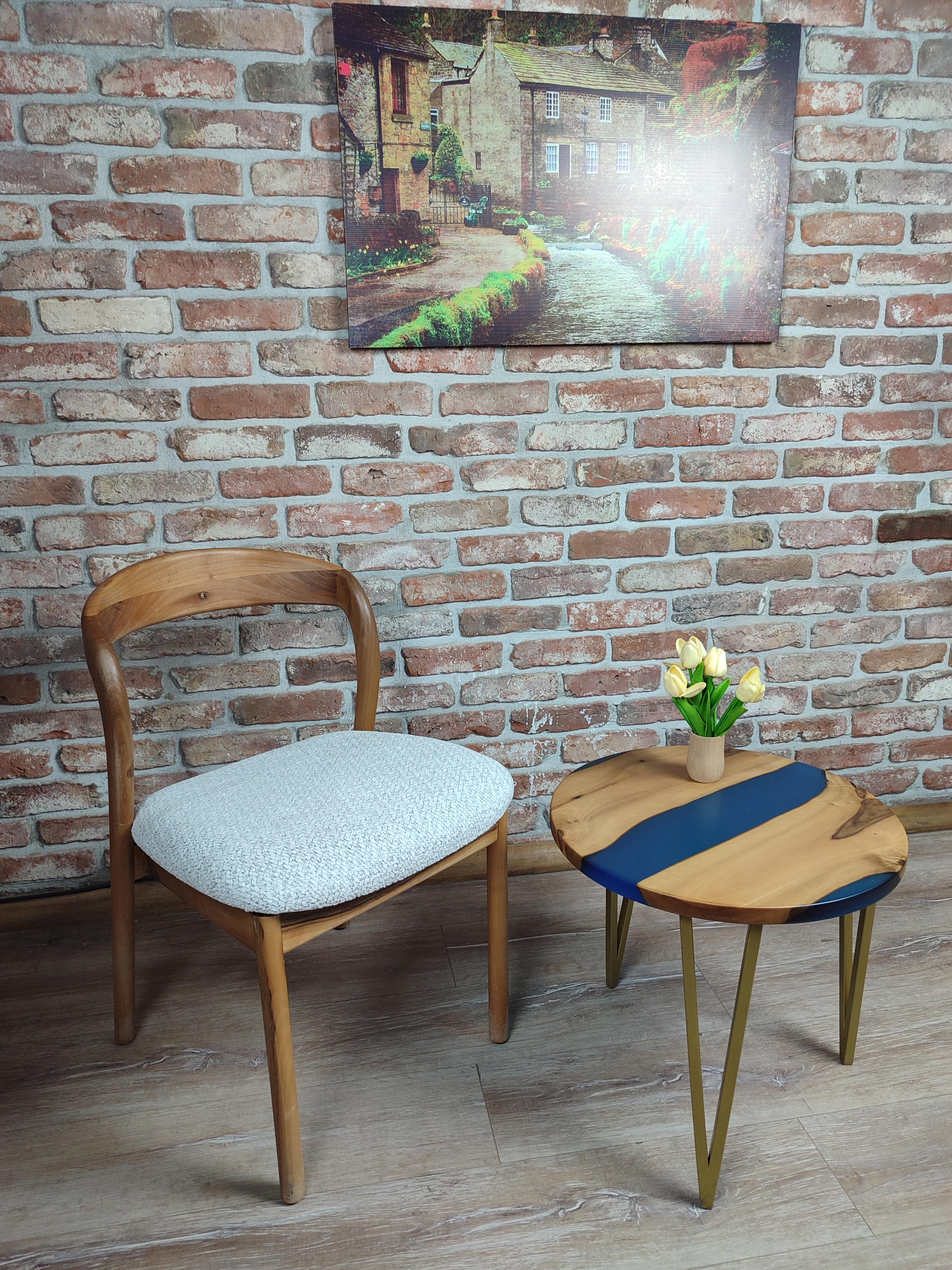 Walnut Accent Table with Gold Iron Legs and Blue epoxy decorations.