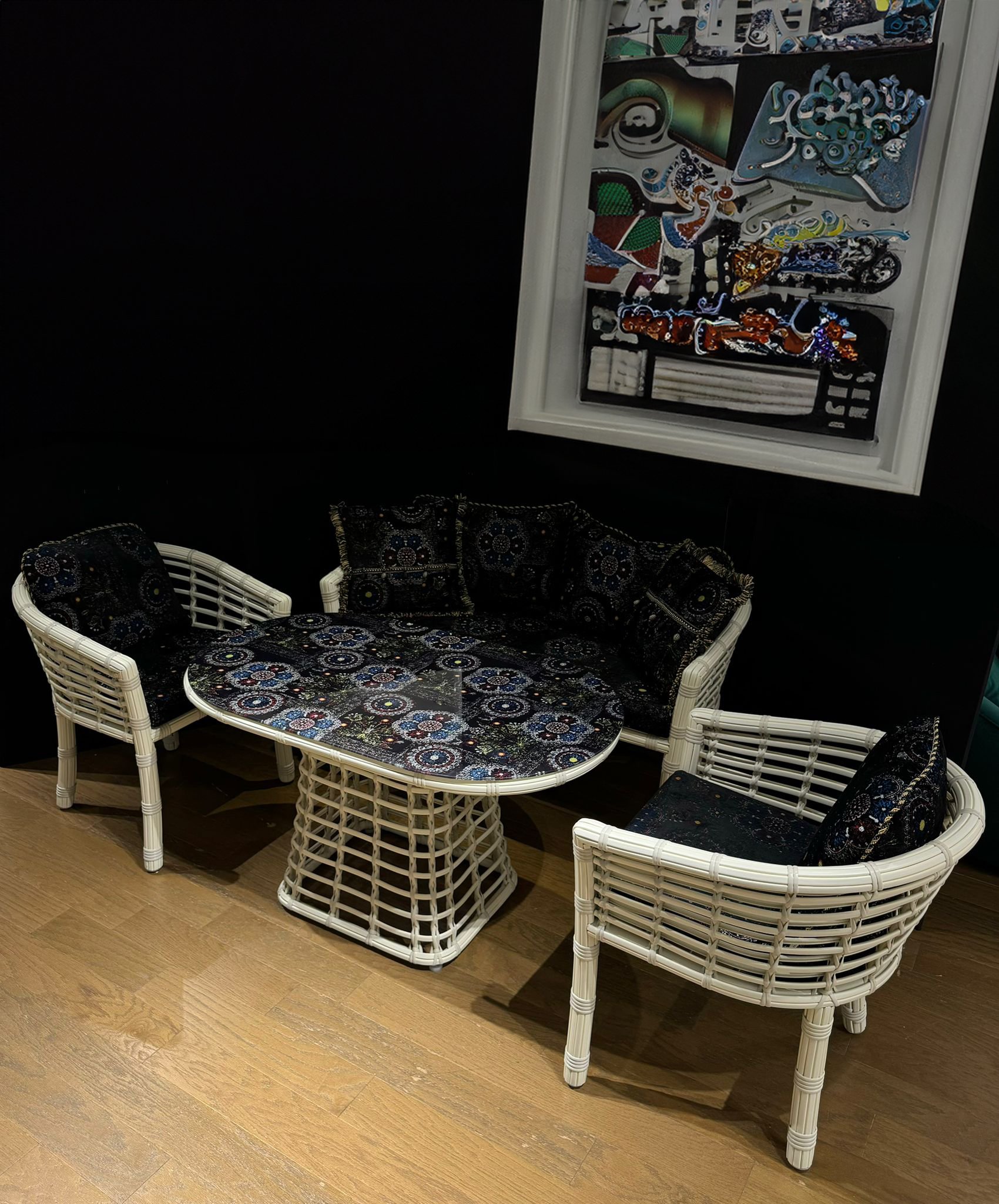 Ferozzi Midnight Mosaic Rattan Seating Set - 4-Piece with UV-Printed Glass Table