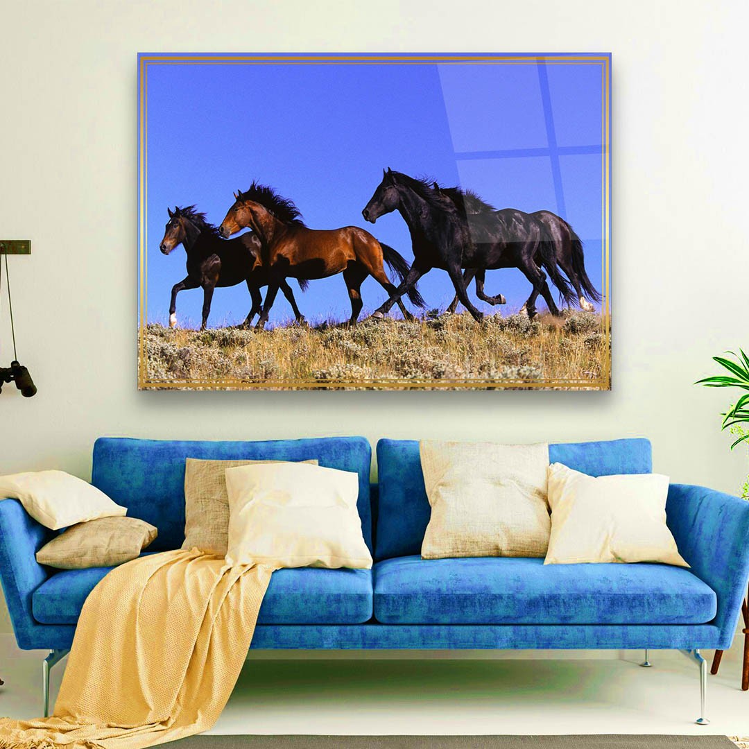 Stray Horses - Premium Tempered Glass Wall Art Horizontal