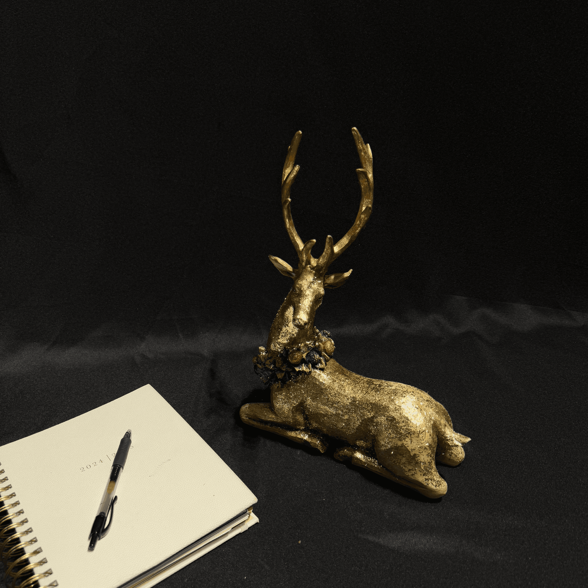 Elegant Golden Deer Figurine with Festive Wreath Handmade