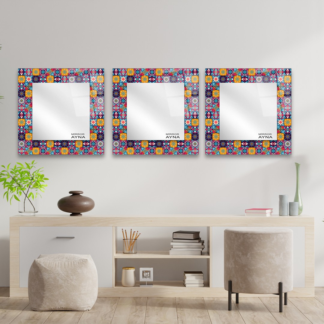 Tile Patterned Glass Mirror Three Piece Set Fethiye  - Square