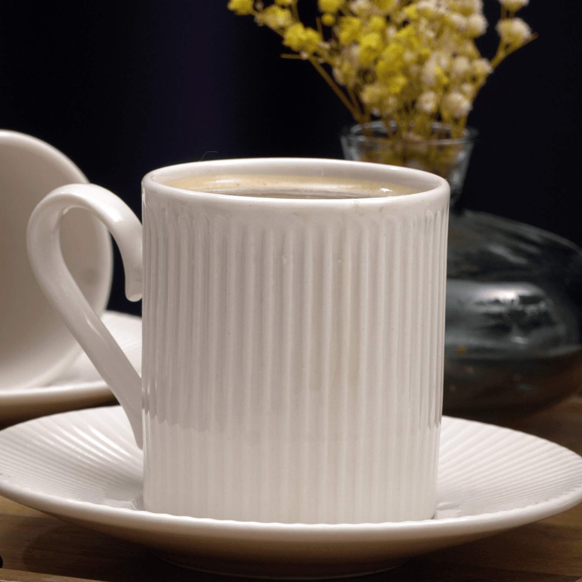 Elif Plain Ribbed White Porcelain Coffee Cup Set 12 pcs  – Modern and Elegant Design for Sophisticated Coffee Lovers