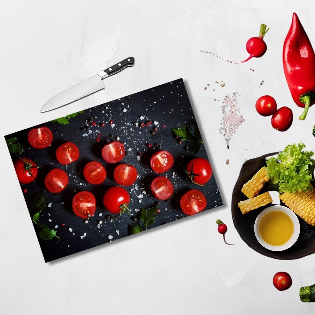 Tempered Glass Cutting Board - 12" x 17" Durable Shatterproof Kitchen Tool with Tomato Design | Perfect Gift for Mother’s Day, Christmas, and Housewarming