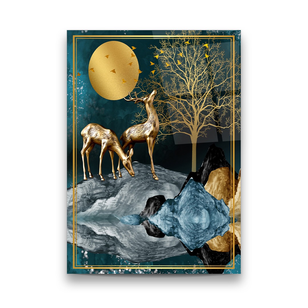 Golden Deer's - Rectangle Wall Glass Art