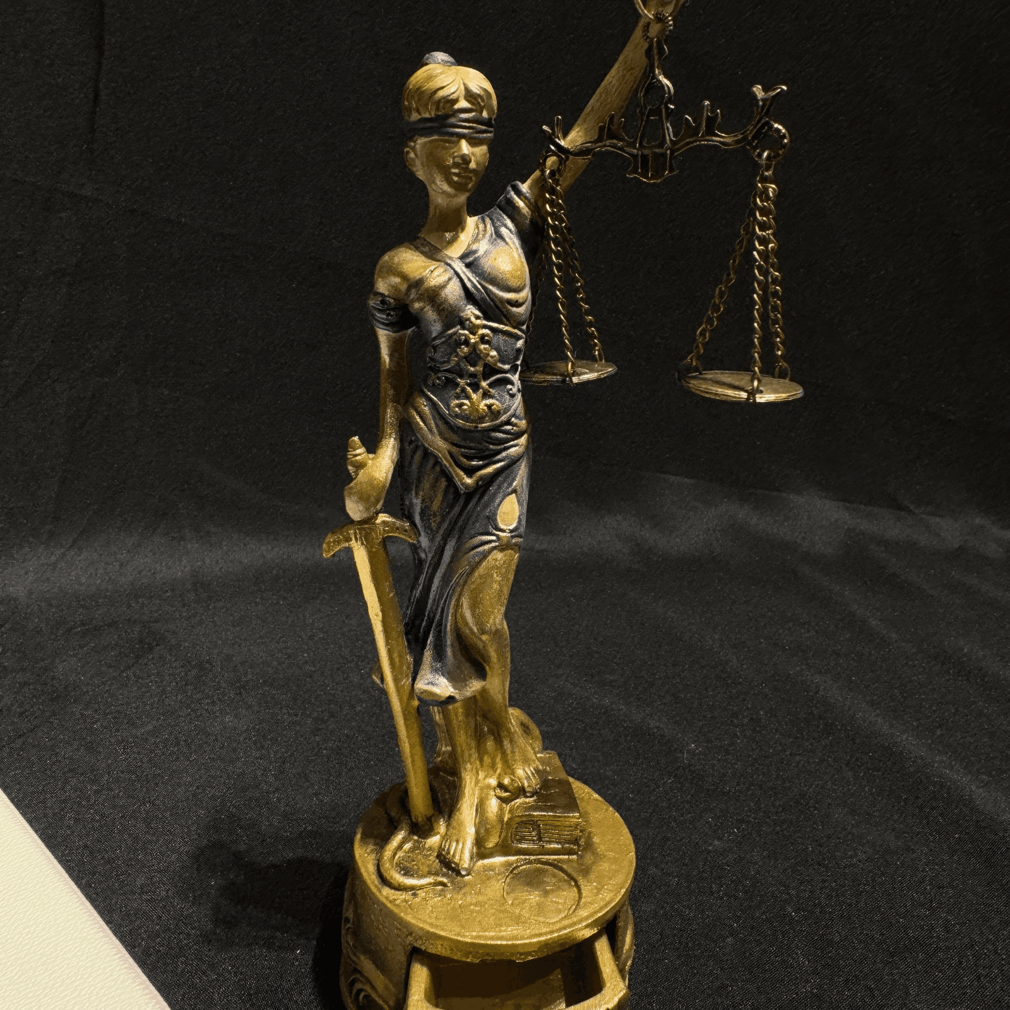 Ferozzi Handmade Lady Justice Decorative Sculpture with Blue Dress and Drawer Detail