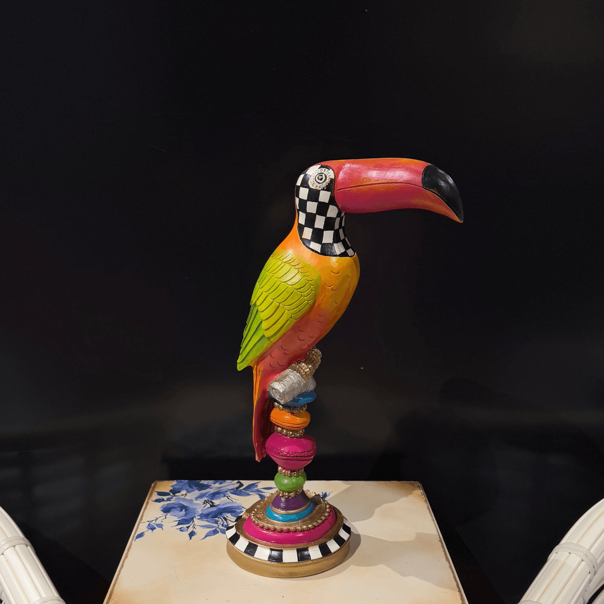 Toucan Sculpture – Vibrant Tropical Bird Design with Checkered Base Handmade