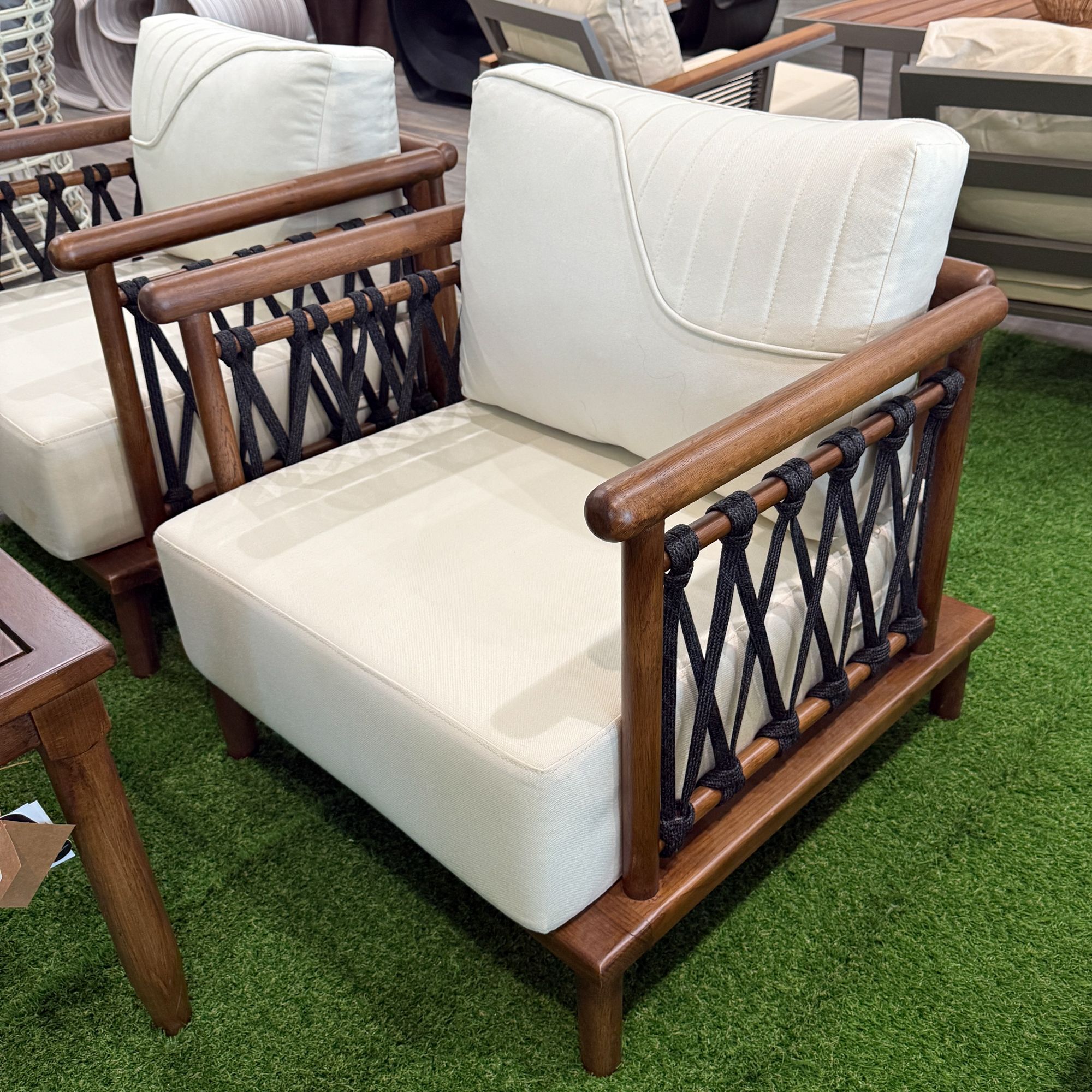 Ferozzi Santorini Outdoor Teak Sofa Set – 3-Seater + 2 Armchairs + Coffee Table | Waterproof Cushions