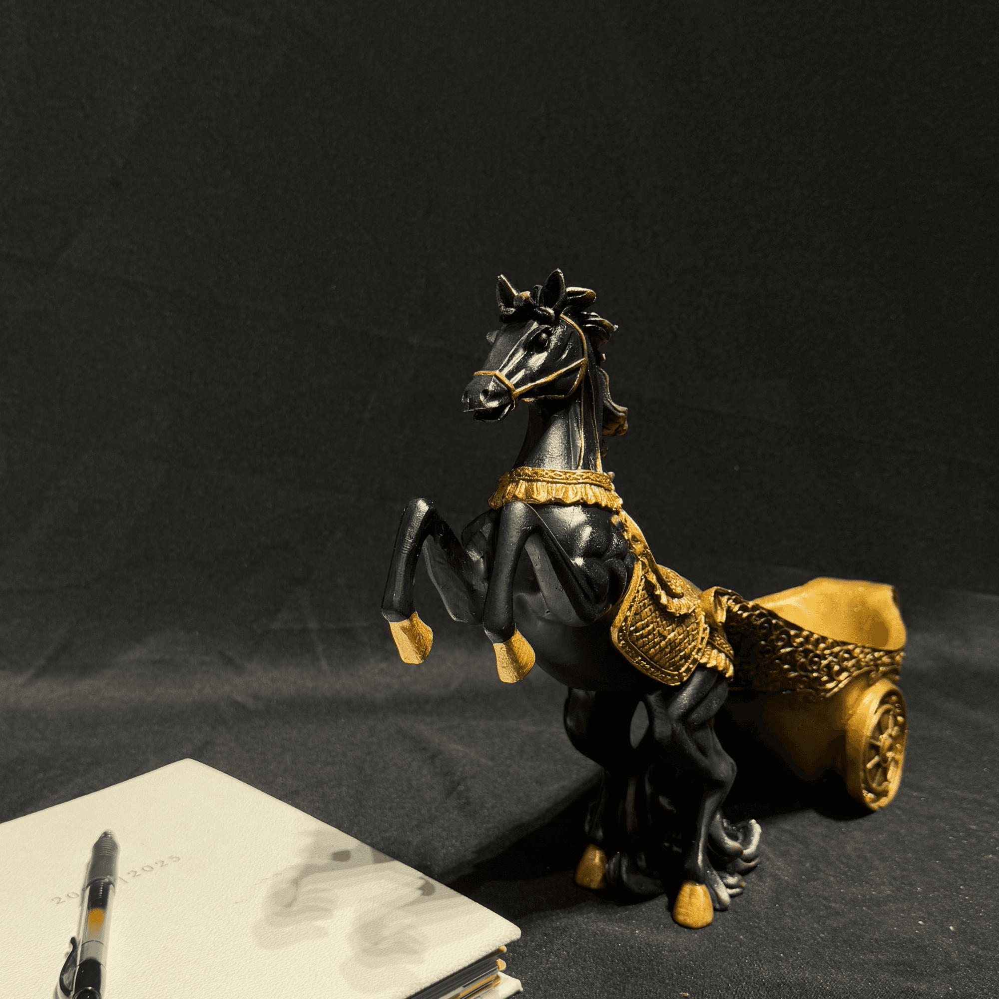 Black Horse Wine Holder with Gold Chariot – Decorative Sculpture