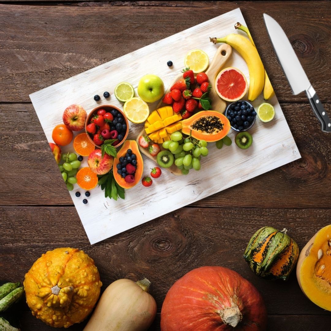 Tempered Glass Cutting Board - 12" x 17" Durable Shatterproof Kitchen Tool with Mixed Fruits Design | Perfect Gift for Mother’s Day, Christmas, and Housewarming