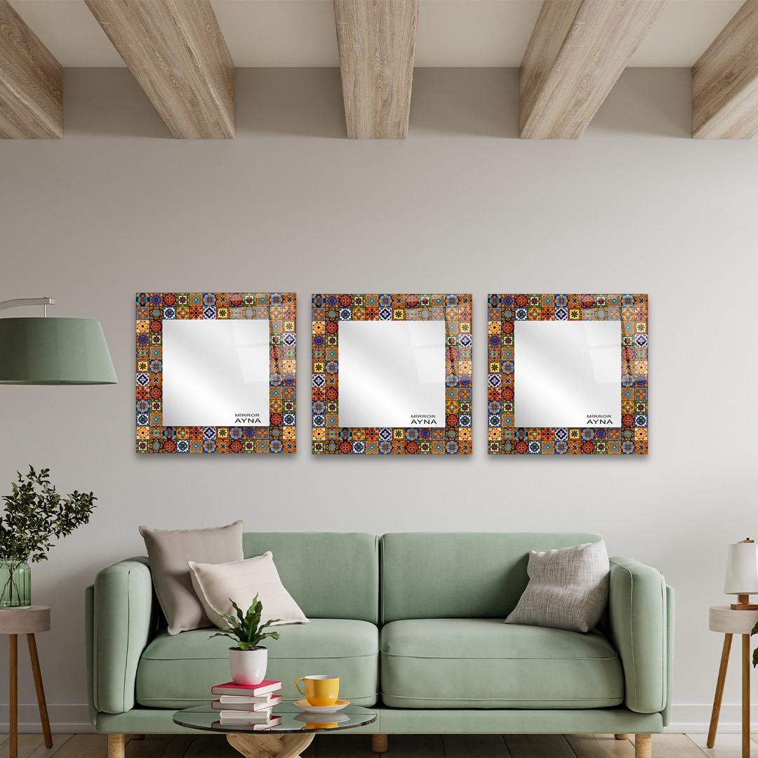 Tile Patterned Glass Mirror Three Piece Set Ayvalik - Square