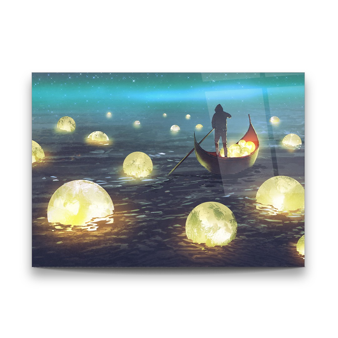 Balls Of Light and Lost Boat - Horizontal Wall Glass Art