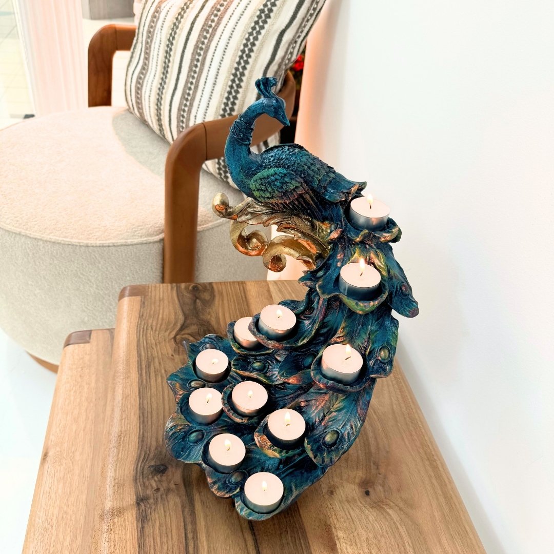 Peacock Decorated Candle Holder Statues (Handmade)