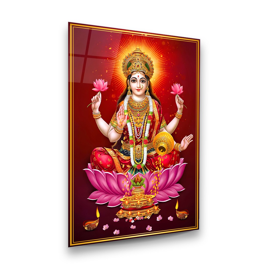 Goddess Lakshmi on Lotus - Premium Tempered Glass Wall Art Rectangle