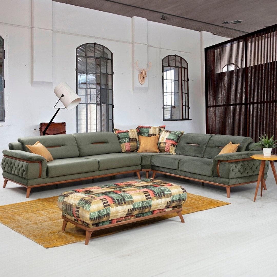 Poyraz Sectional Sofa Set ( L + Ottoman + Armchair ) - Green