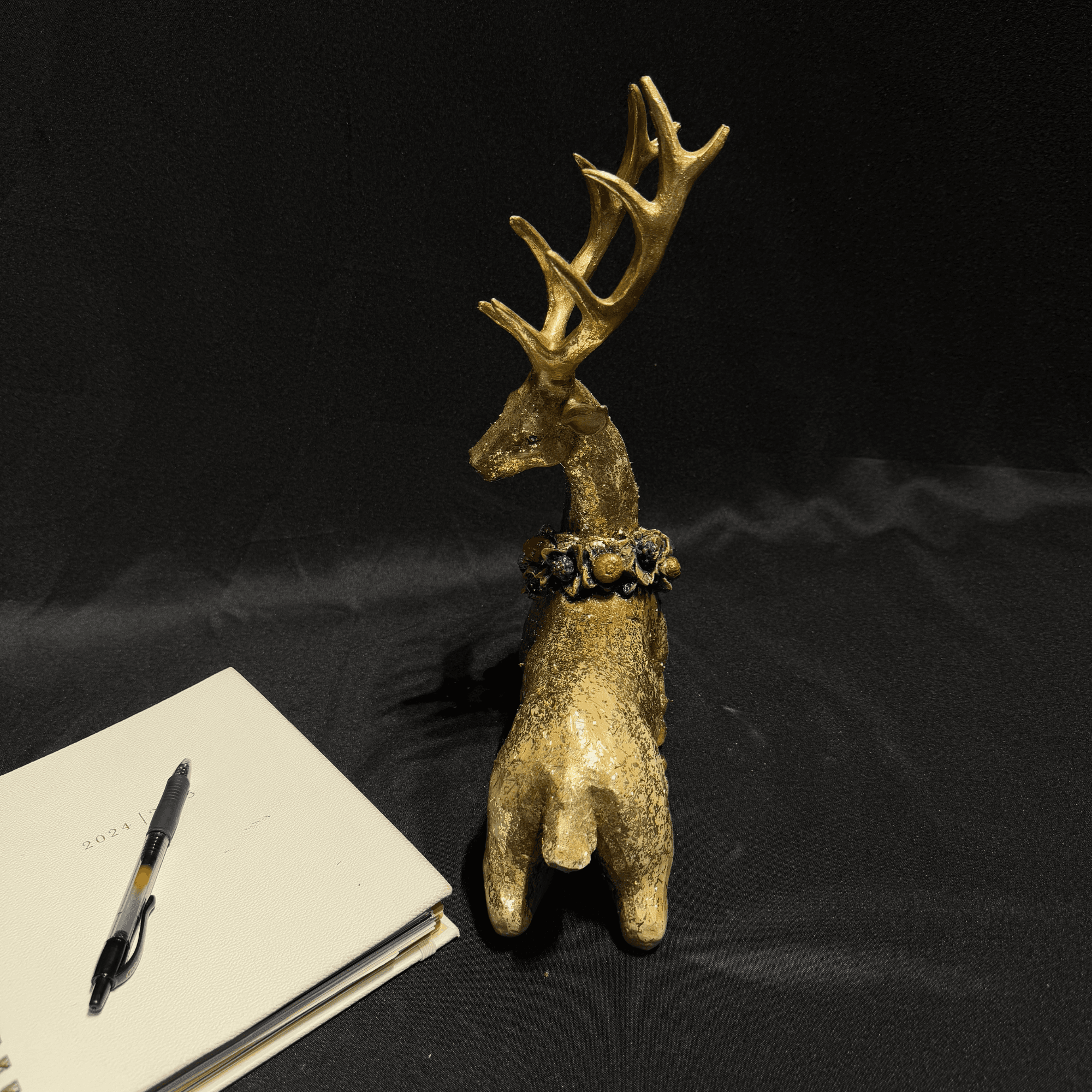 Elegant Golden Deer Figurine with Festive Wreath Handmade