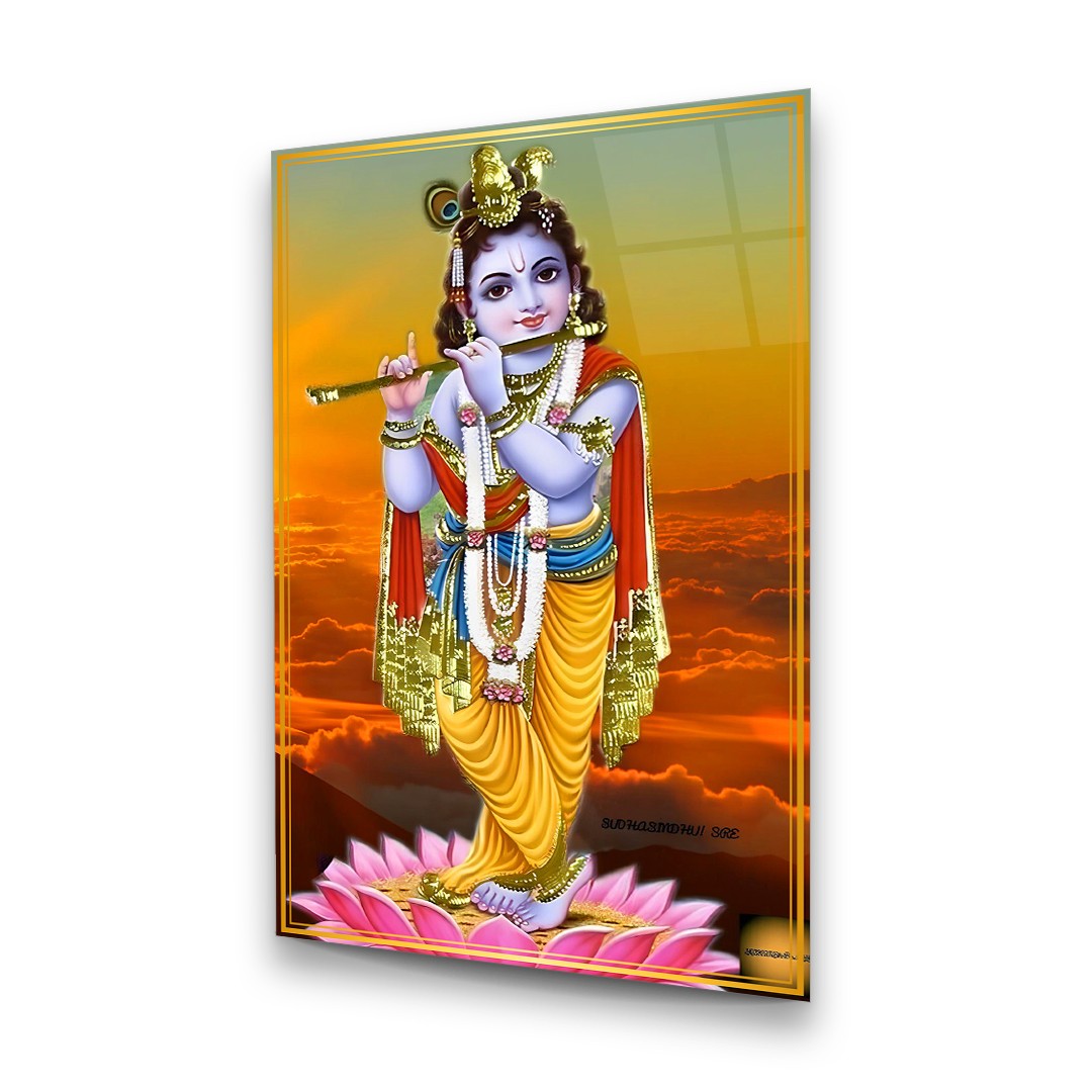 Baby Krishna on Lotus - Premium Tempered Glass Wall Art Rectangle