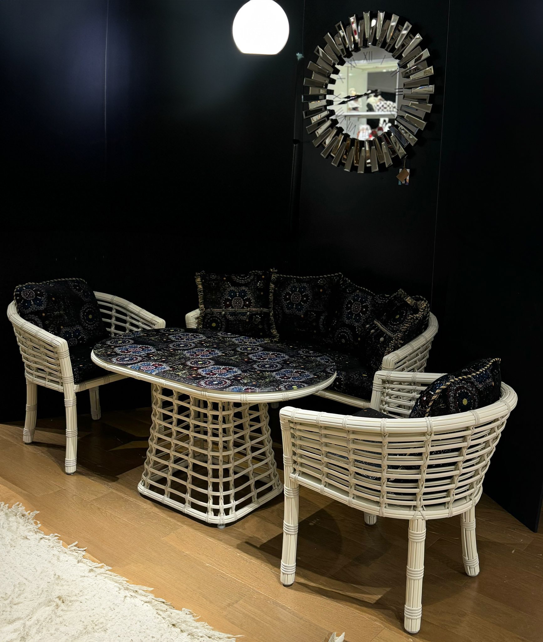 Ferozzi Midnight Mosaic Rattan Seating Set - 4-Piece with UV-Printed Glass Table