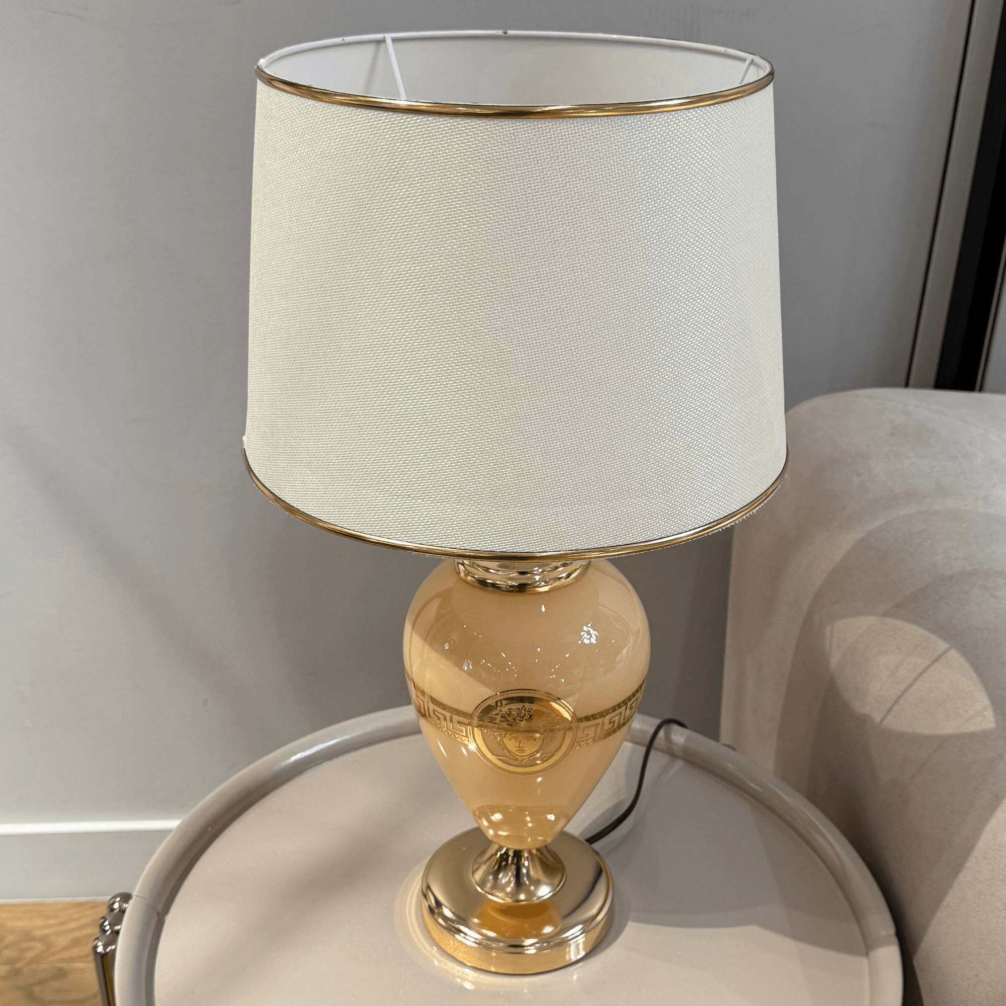 Ferozzi Beige & Gold Greek Key Ceramic Table Lamp – Elegant Home Decor –
