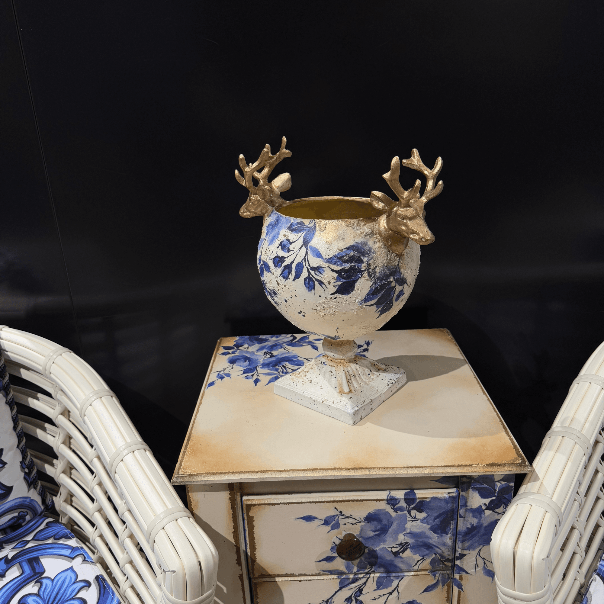 Handmade Deer Head Vase with Gold and Blue Floral Details