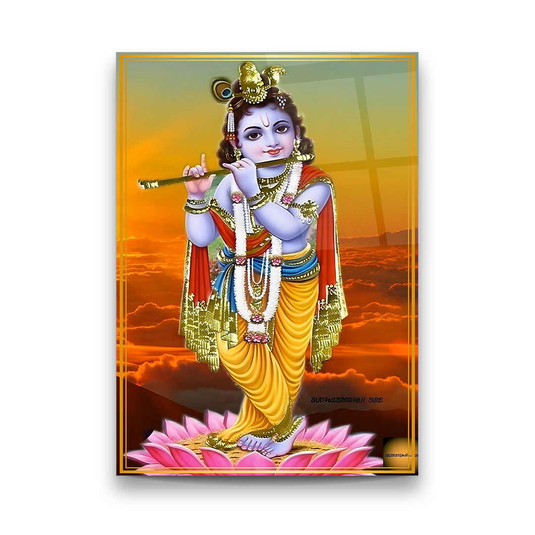 Baby Krishna on Lotus - Premium Tempered Glass Wall Art Rectangle