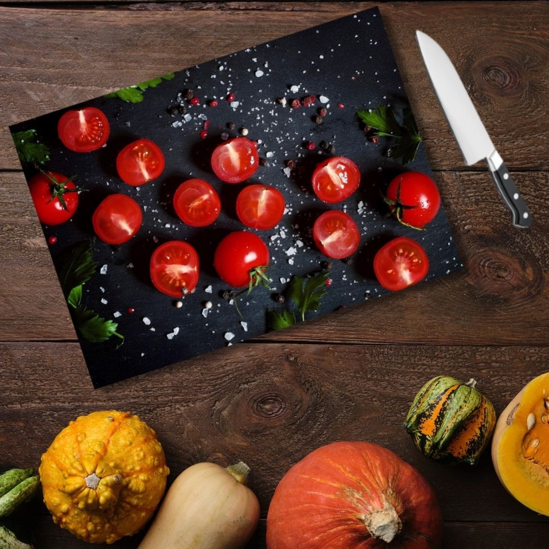 Tempered Glass Cutting Board - 12" x 17" Durable Shatterproof Kitchen Tool with Tomato Design | Perfect Gift for Mother’s Day, Christmas, and Housewarming