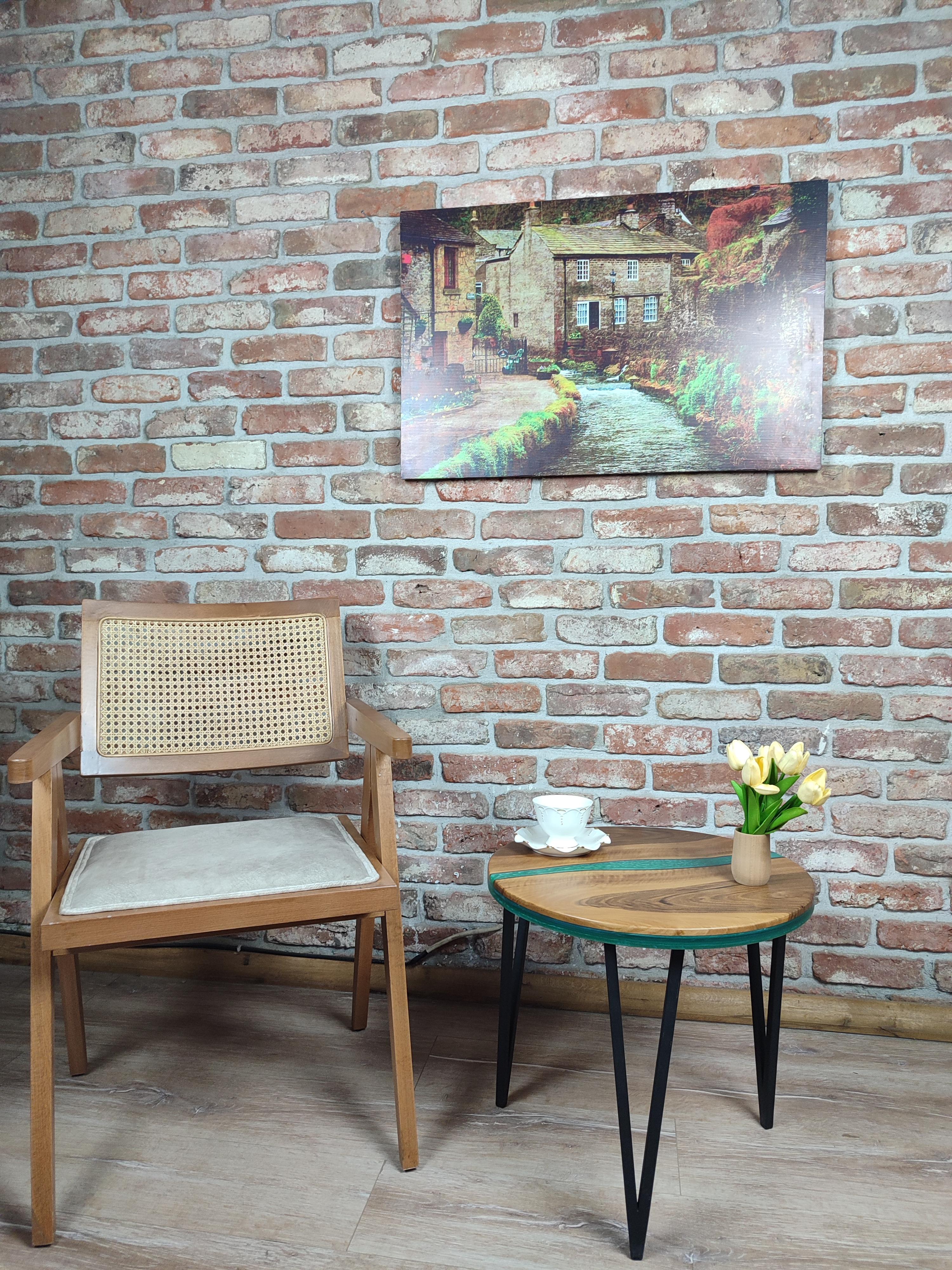 Walnut Accent Table with Black Metal Legs and water green epoxy decorations.