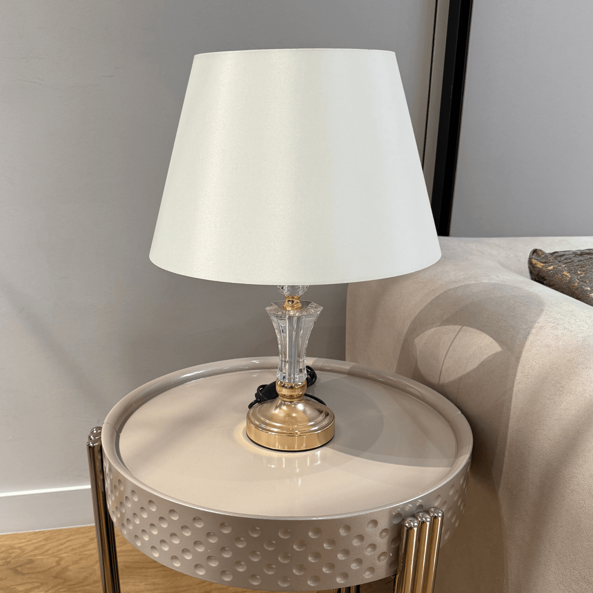 Ferozzi White & Gold Crystal Base Table Lamp – Elegant Modern Bedside & Accent Lighting 