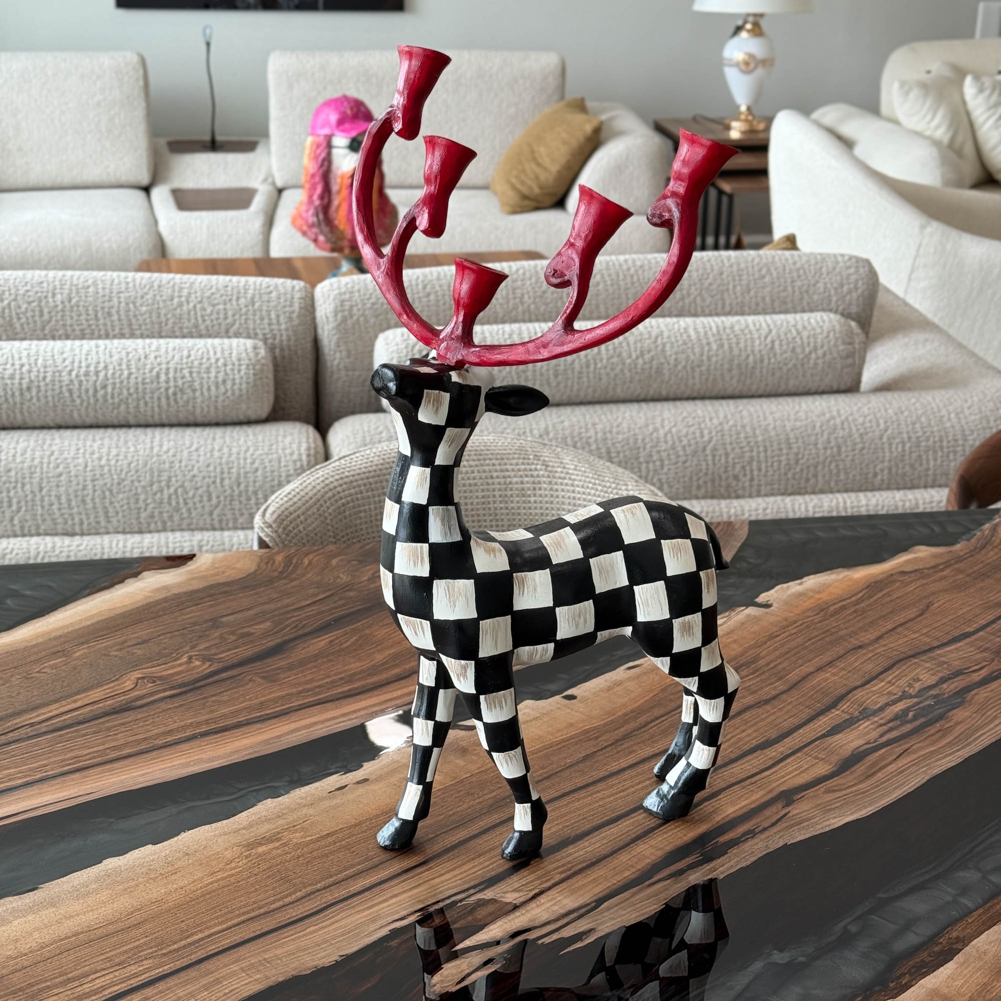 Ferozzi Handmade Reindeer Candle Holder – Black & White Checkered Sculpture